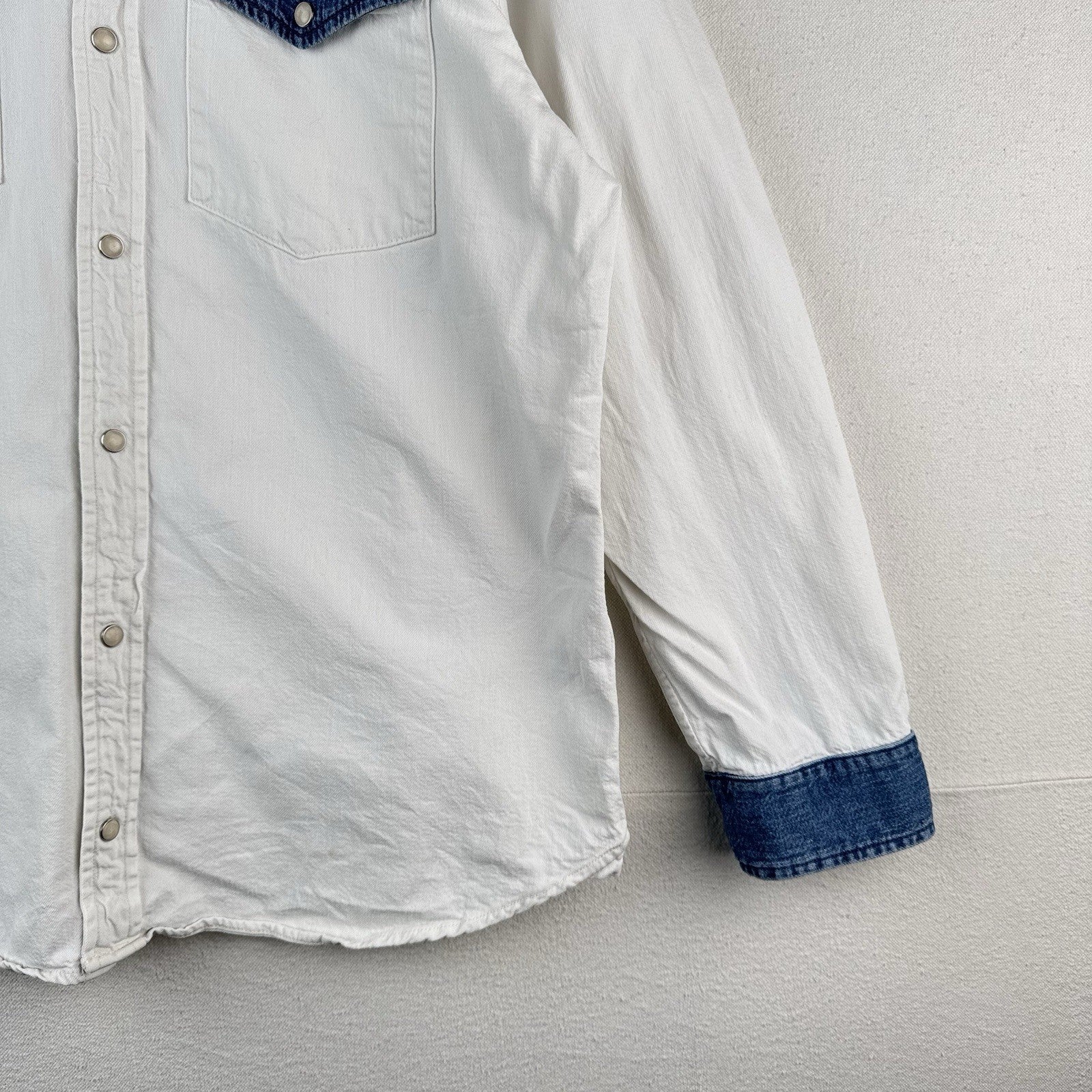 Mother Denim Tycoon TwoTone Western Shirt White Denim Pearl Snap Large USA *Read