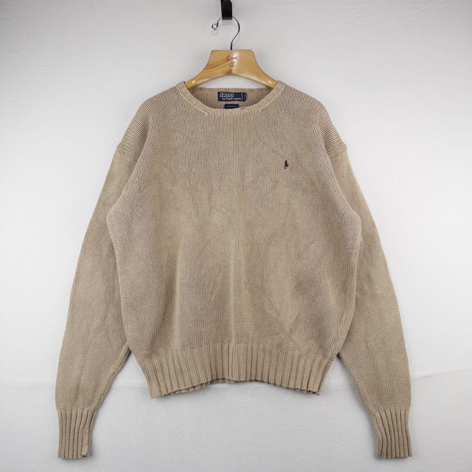 90’s Vintage Polo Ralph Lauren Knit Sweater Men’s L Tan Brown Cotton Crewneck