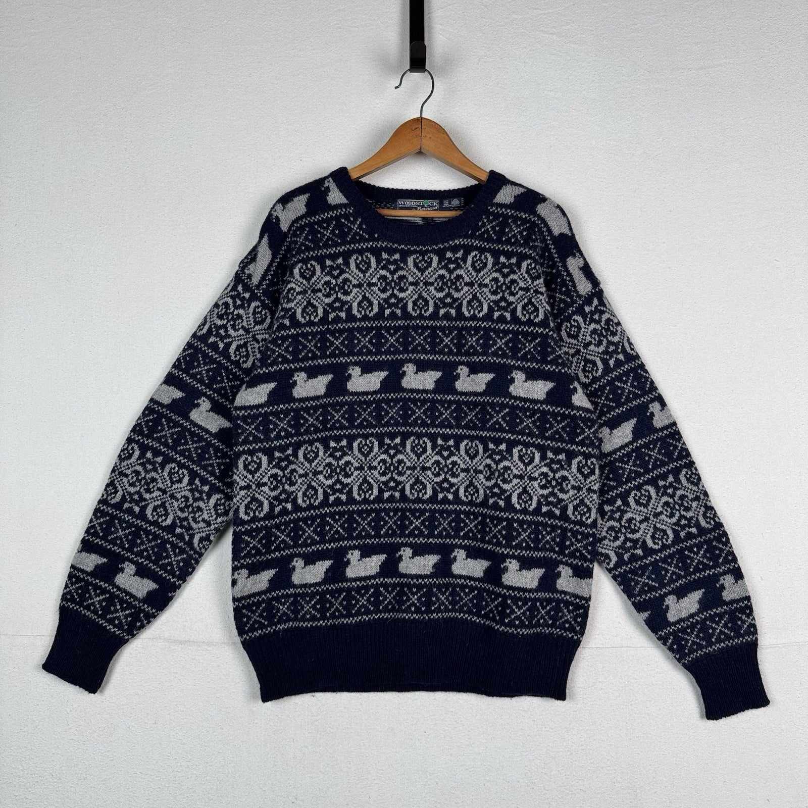 Vtg Woodstock Bernard Wool Fair Isle Ski Sweater Men’s M Blue Hand Knit Ducks