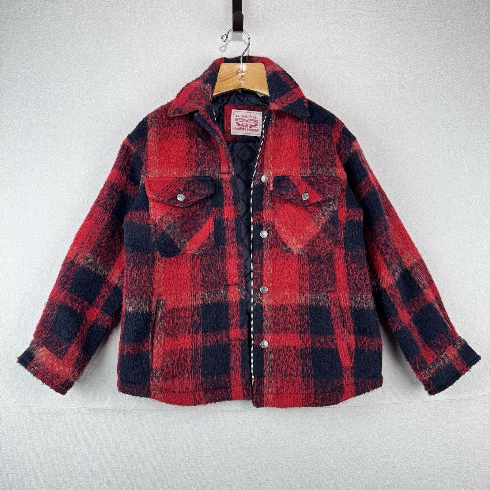 Levi’s Trucker Jacket Buffalo Plaid Zipper Button Wool Blend Red Women’s XS