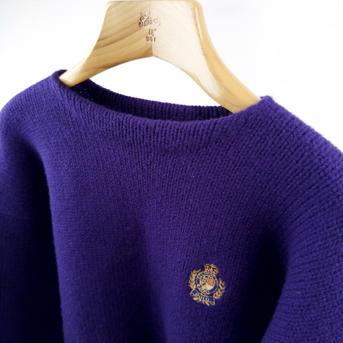 80’s Vtg Polo Ralph Lauren Wool Boat Neck Purple Embroidered Crest Sweater XL