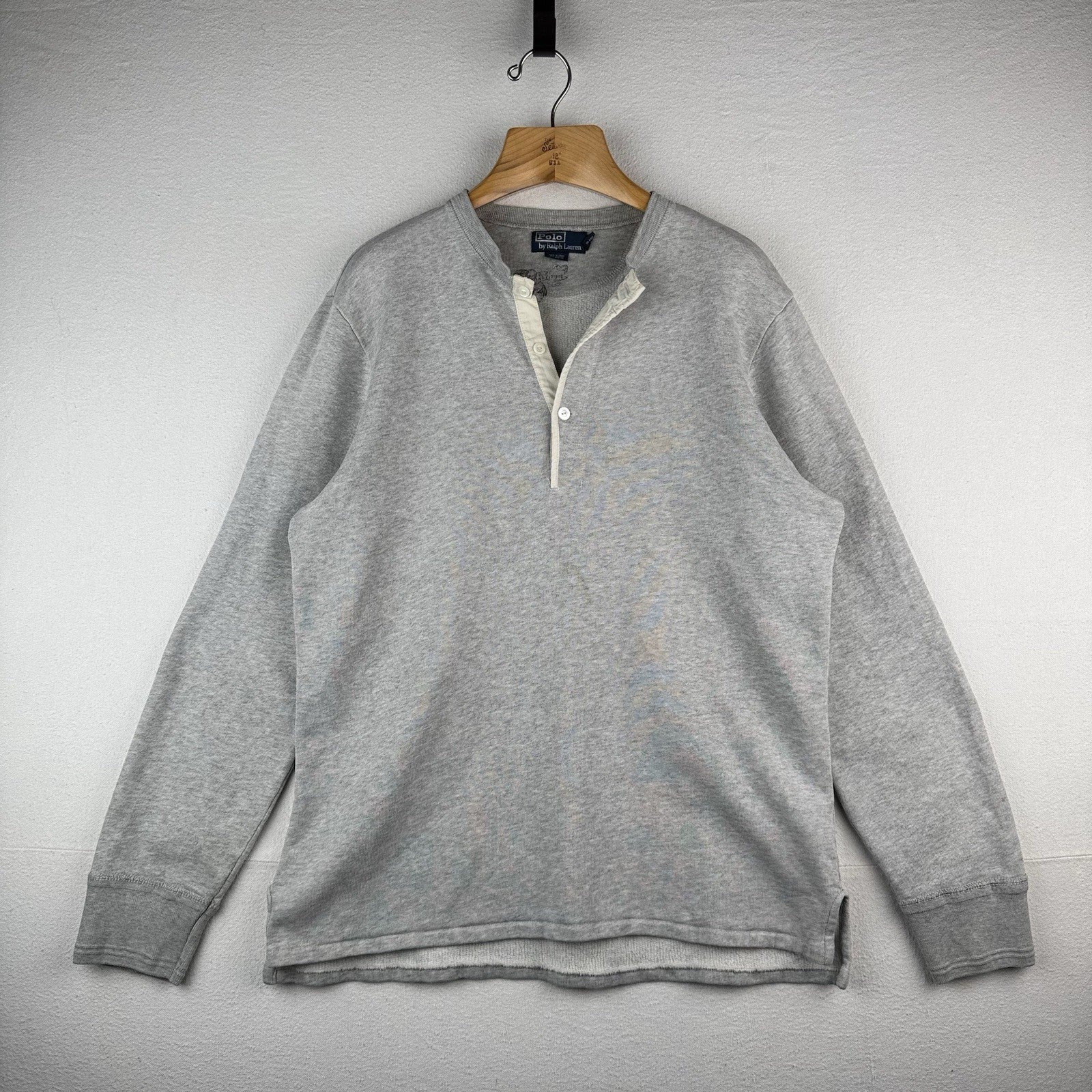 90s Vintage Polo Ralph Lauren Mens Large Henley Sweatshirt Gray *Distressed
