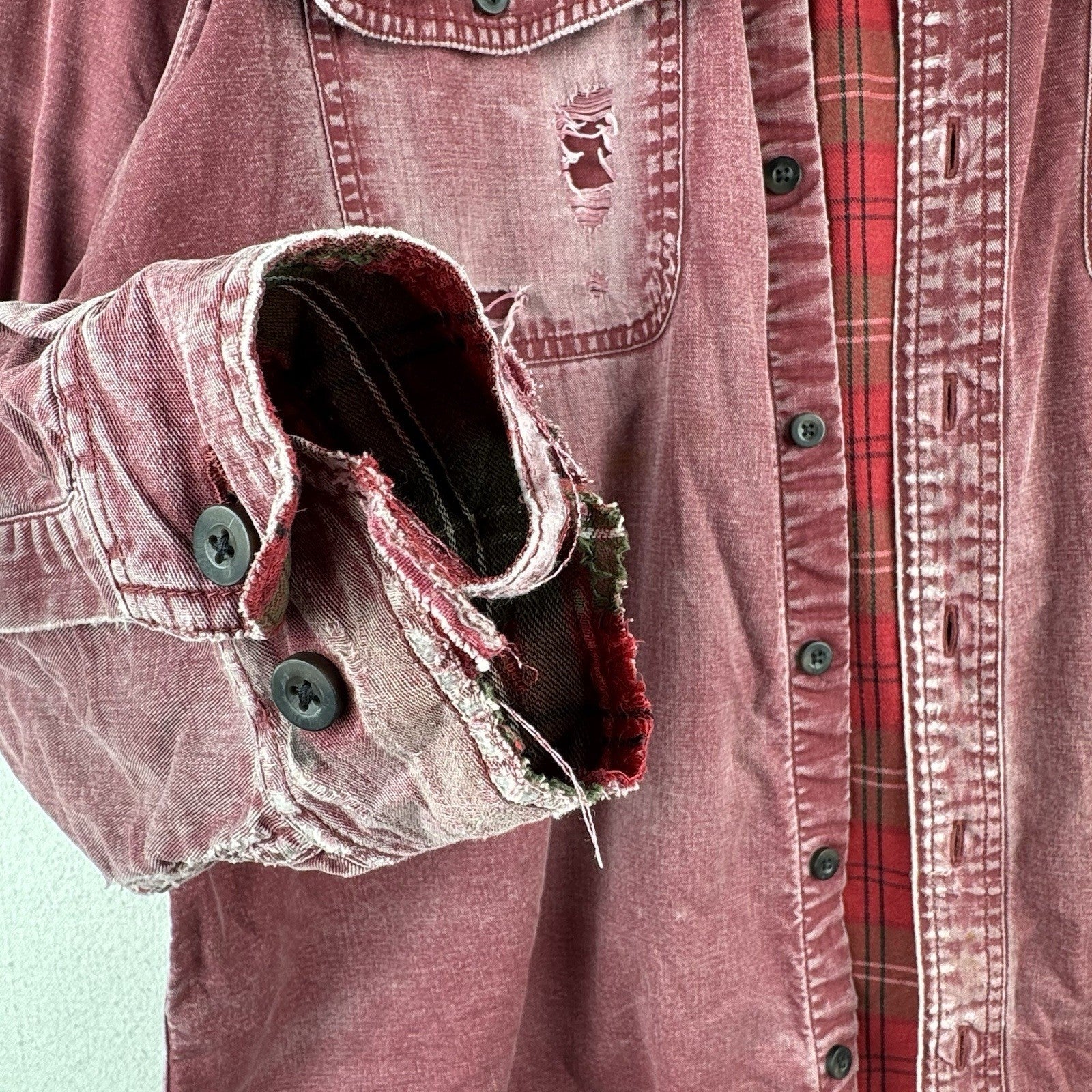 Vtg LL Bean Hurricane Shirt Mens Large Wine Red Plaid Flannel Lined Distressed