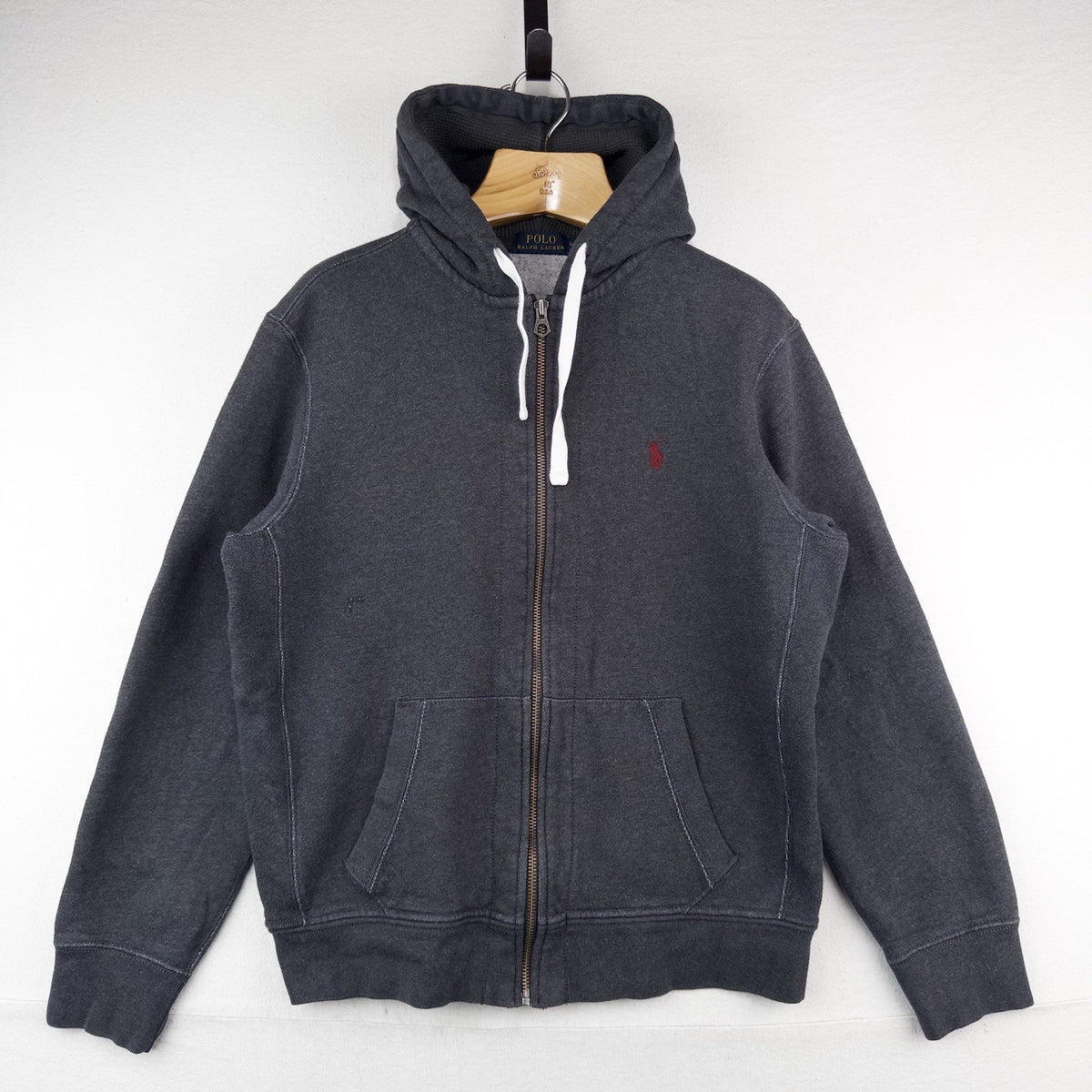 Polo Ralph Lauren Heavyweight Zip Up Gray Hoodie Waffle Knit Hood Men’s L *Read