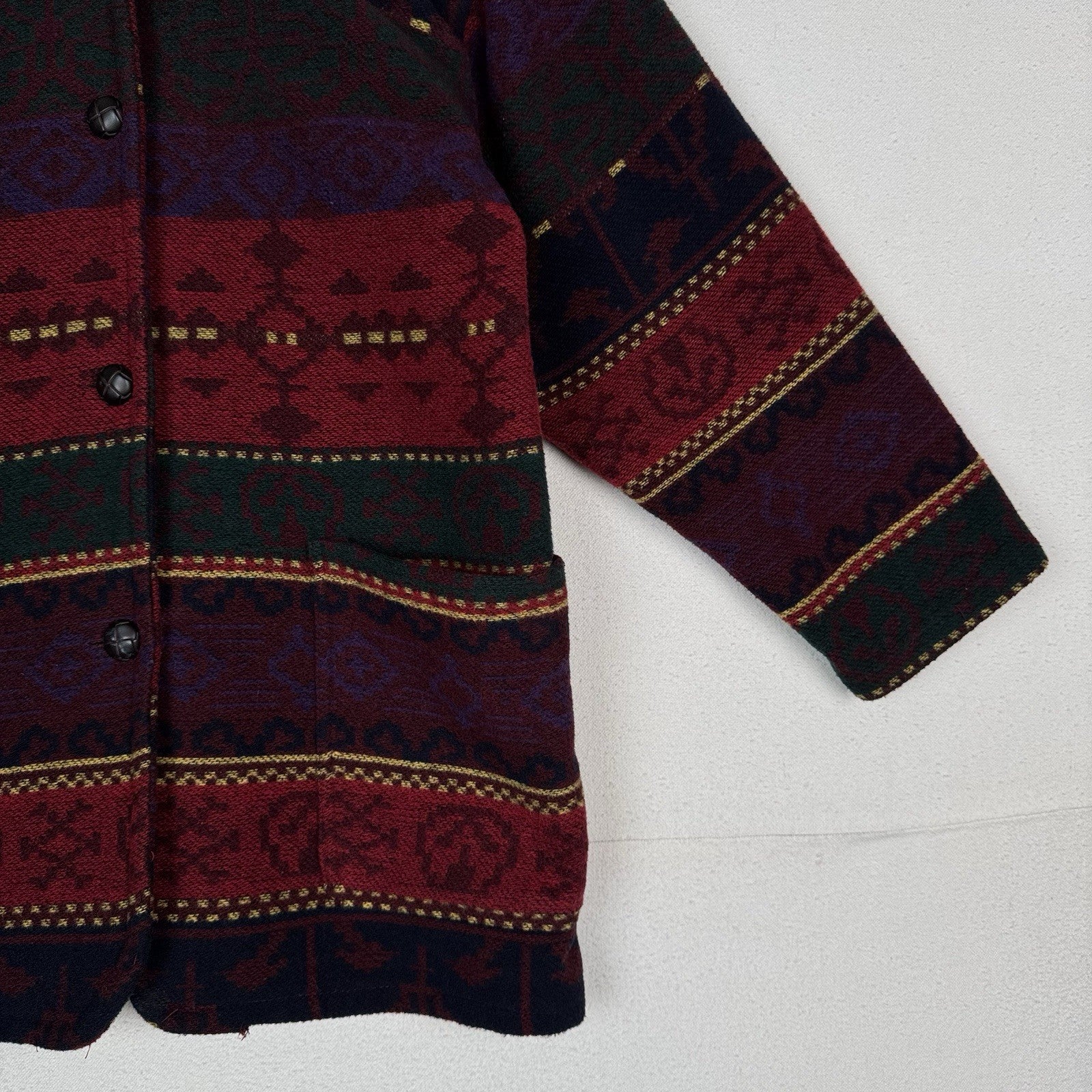 Vintage Wool Aztec Jacket Women Medium Petite Red Southwestern Navajo Barn 90s