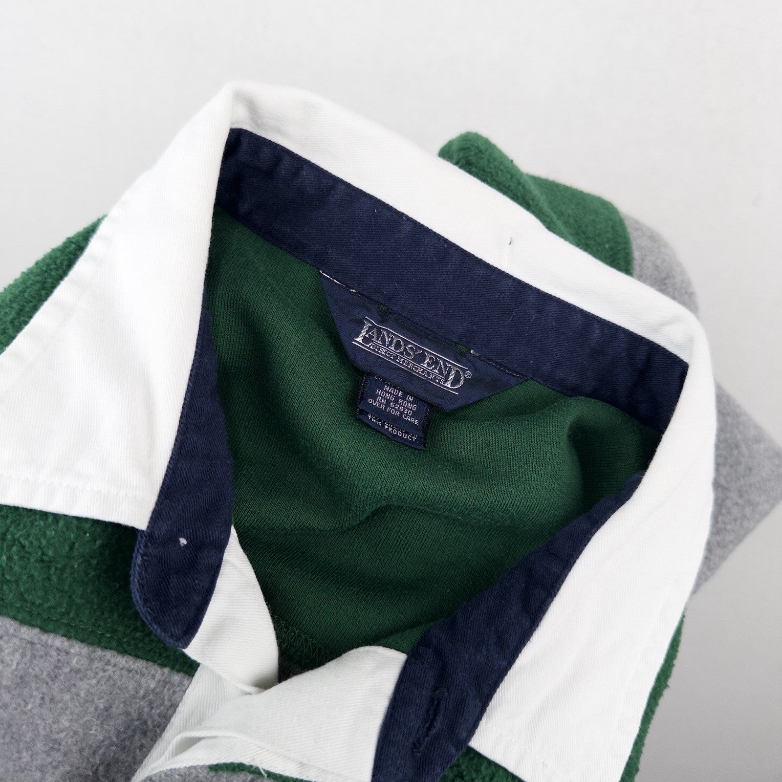 90’s Vtg Lands End Direct Merchants Men’s L Fleece Rugby Blue Green Gray