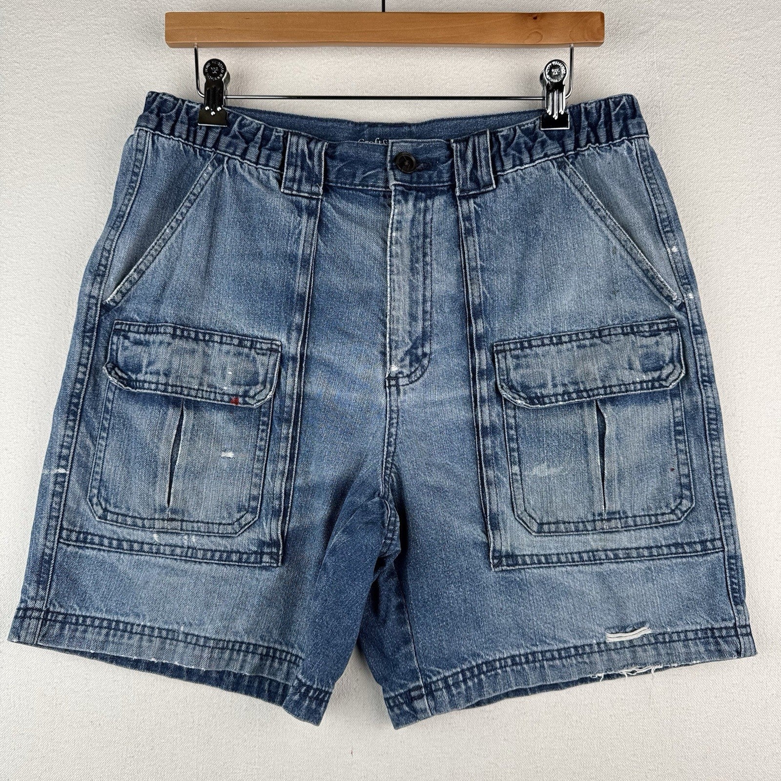 Vtg Croft & Barrow Denim Cargo Safari Pocket Shorts Mens 32x6 Blue Elastic Waist