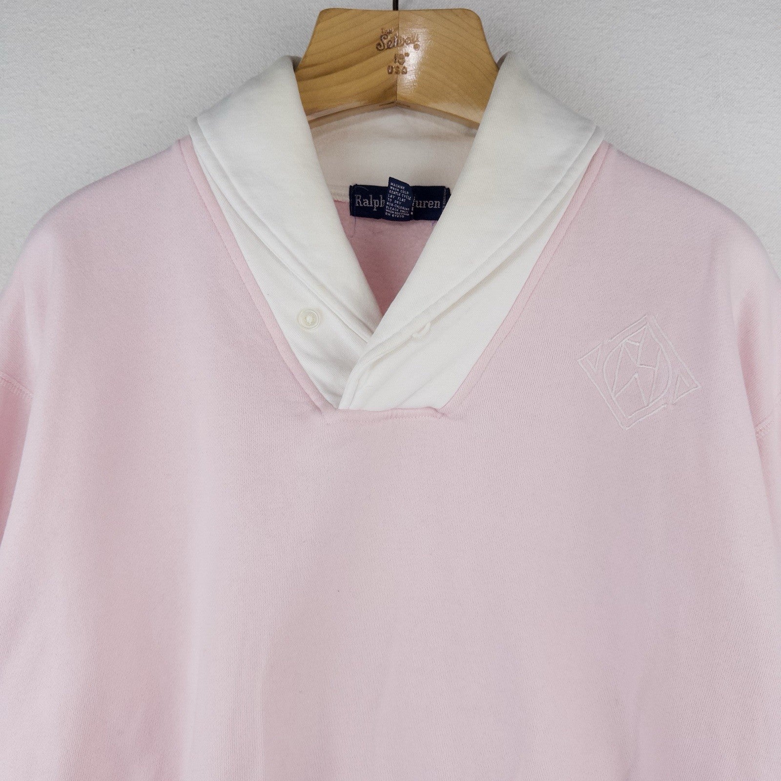 90s Ralph Lauren Womens Small Pink White Shawl Collar Fleece Pullover Sweatshirt