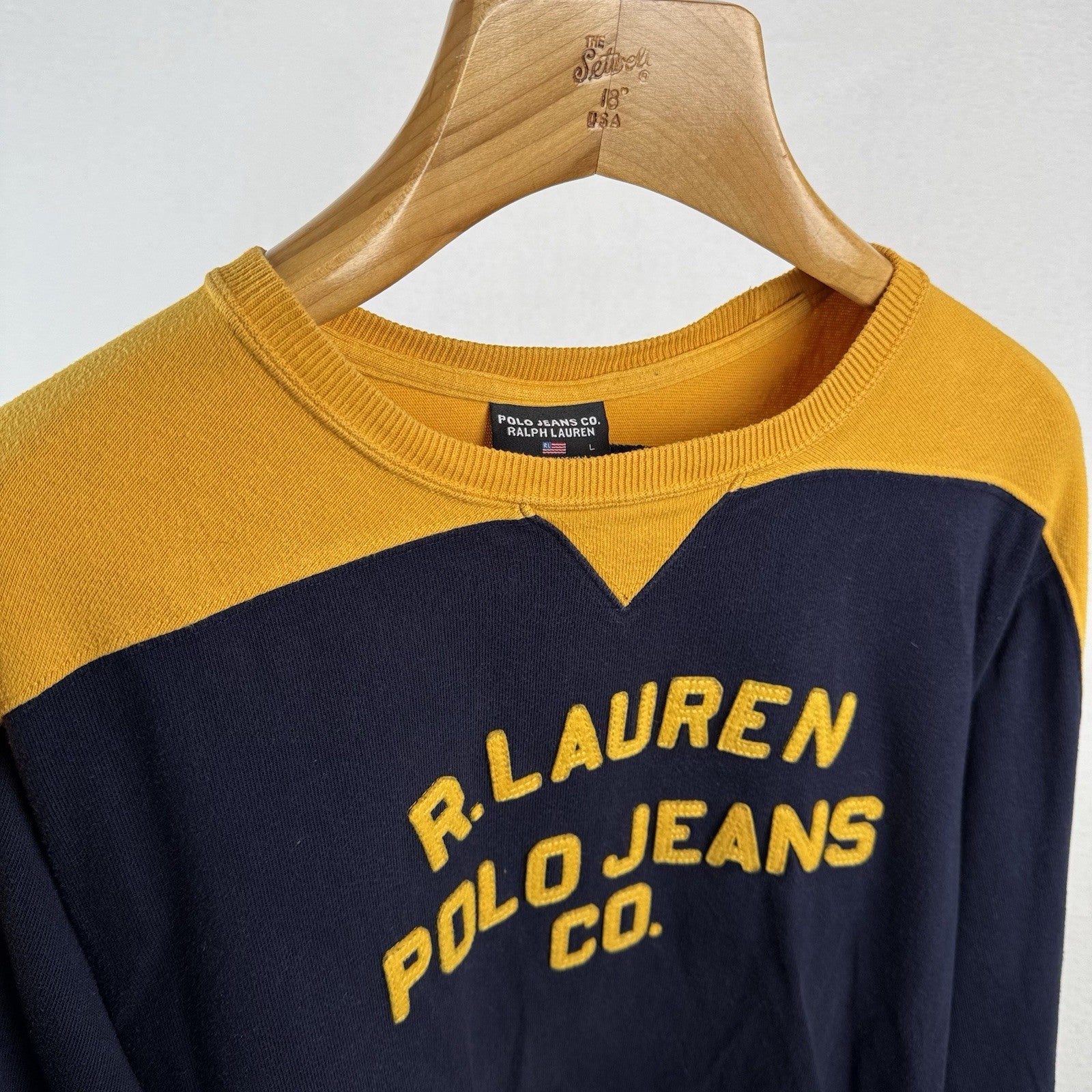 90’s Vtg Ralph Lauren Polo Jeans Co Men’s L Sweatshirt Blue Yellow Made In USA
