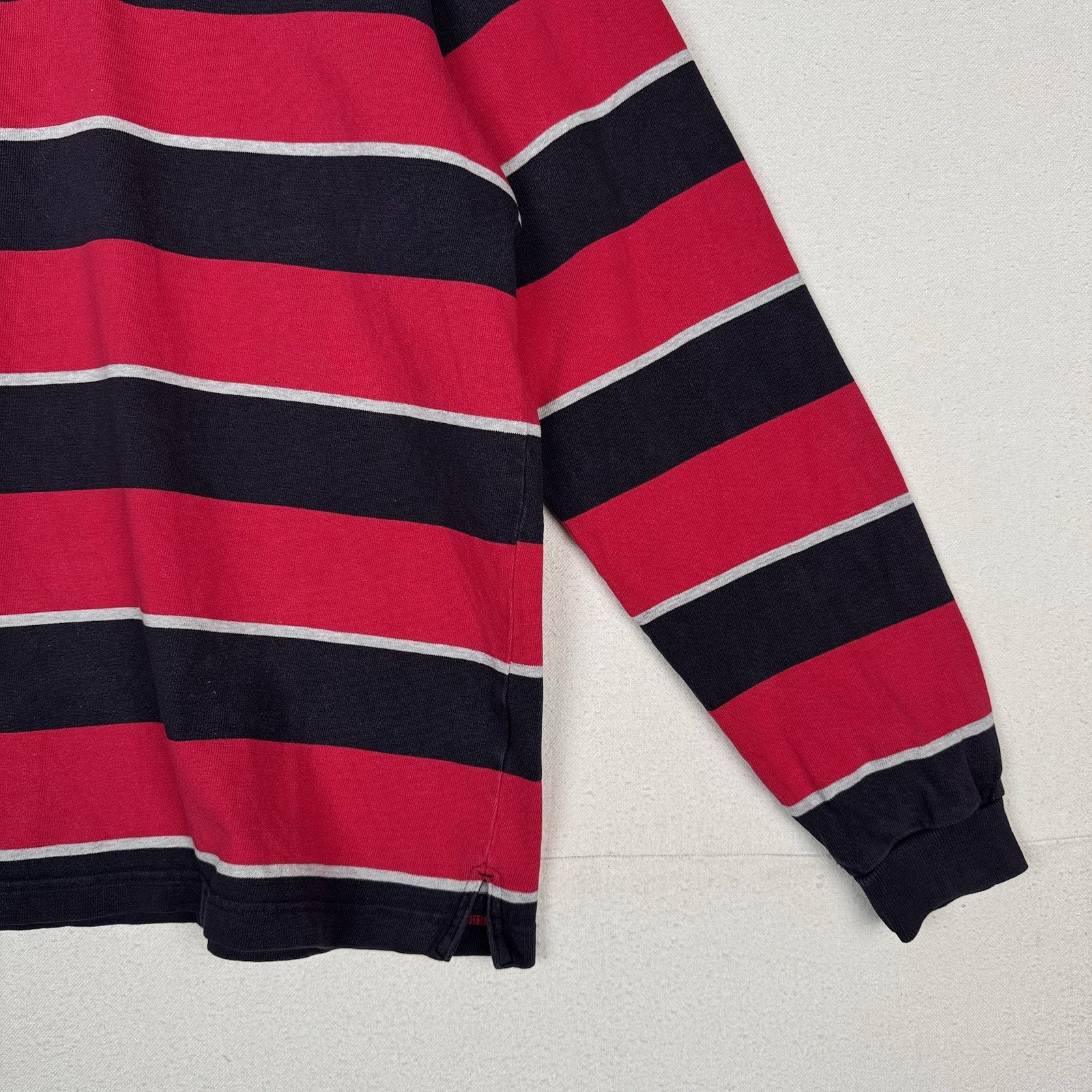 Vintage Lands End Rugby Shirt Mens Large 42-44 Red Blue Gray Striped Polo