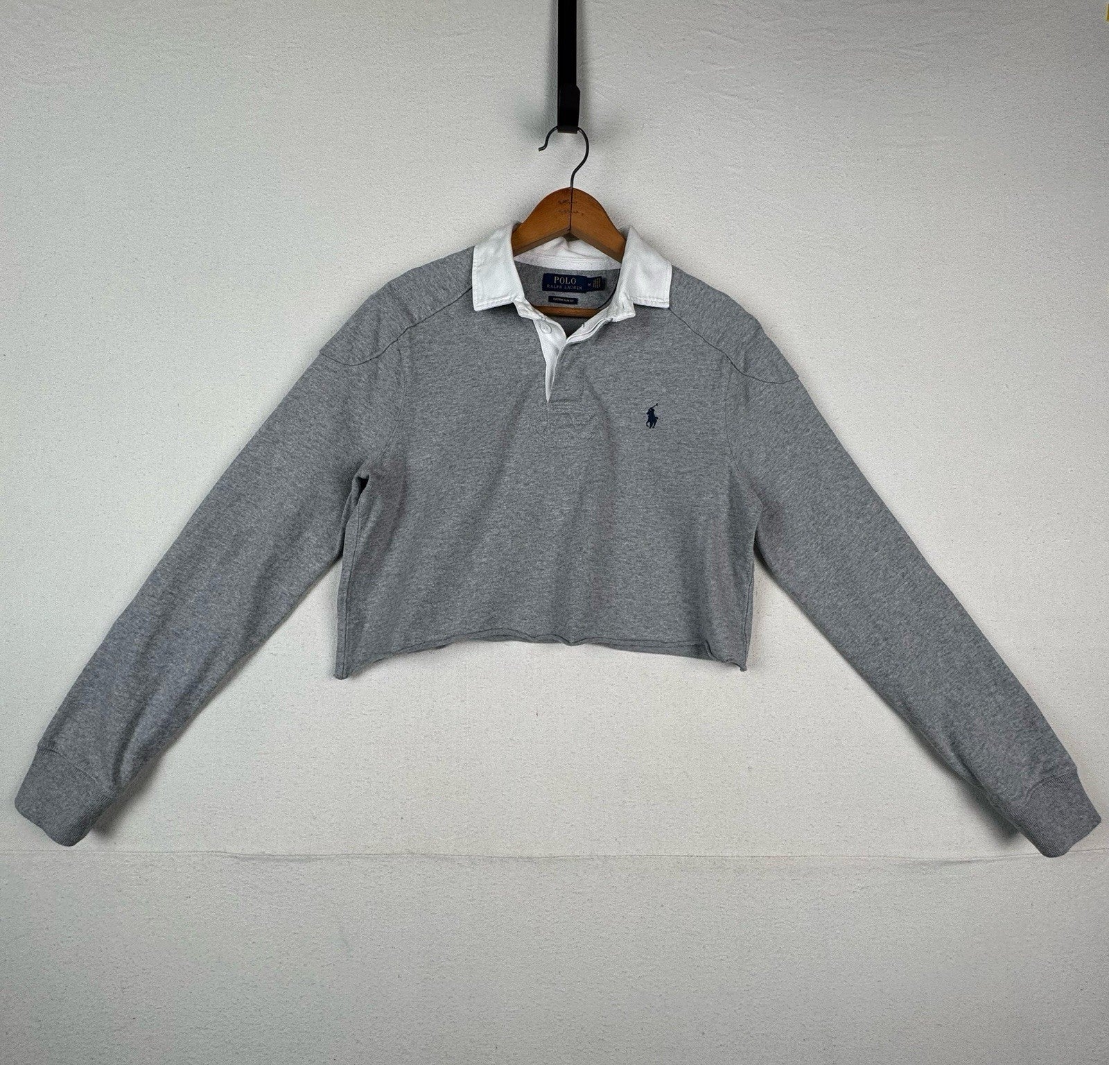 Polo Ralph Lauren Rugby Shirt Men’s Medium Gray LS Elbow Patch Cropped 17”