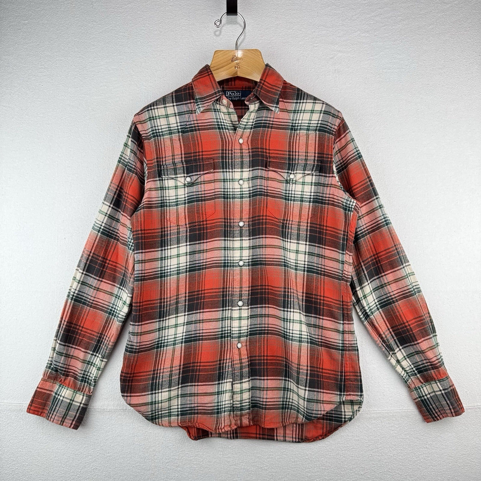 Vtg Polo Ralph Lauren Western Pearl Snap Mens S Brushed Flannel Shirt Plaid