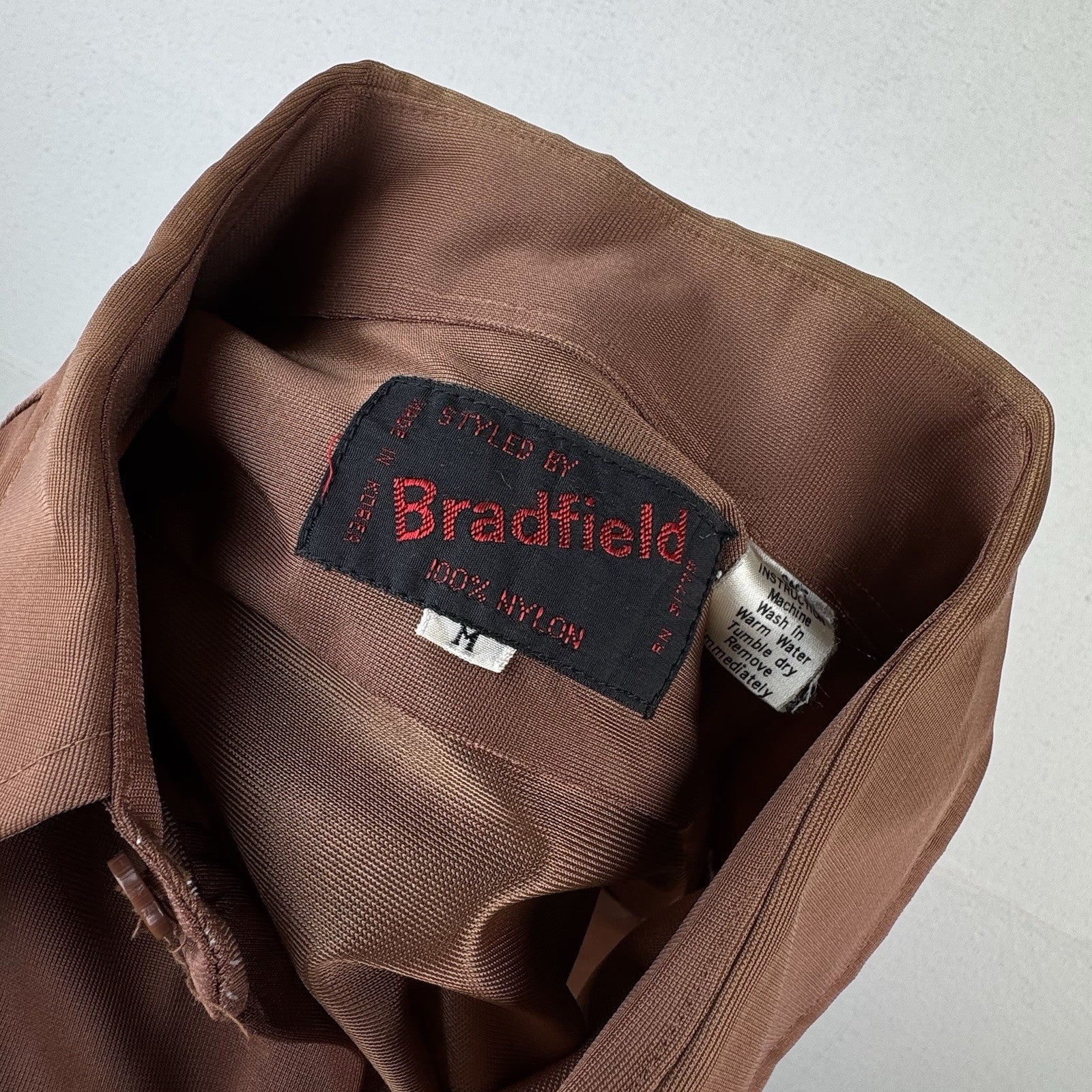 70’s Vintage Bradford Mens Medium Brown Nylon Dagger Collar Shirt