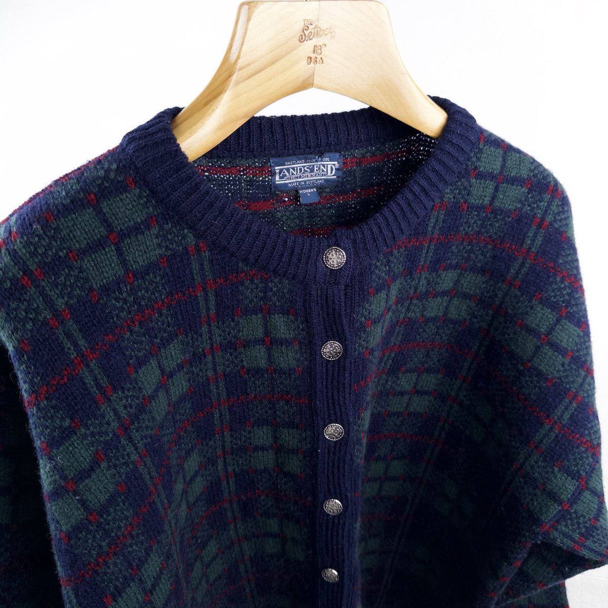 90’s Lands End Tartan Plaid Shetland Wool Cardigan Women’s Large Scotland
