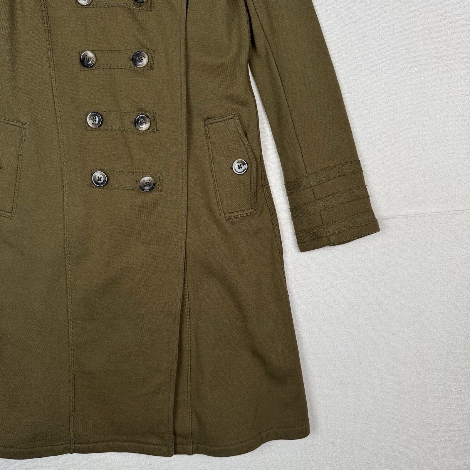Military Style Double Breasted Knit Green Brown Long Trench Jacket Women’s Small