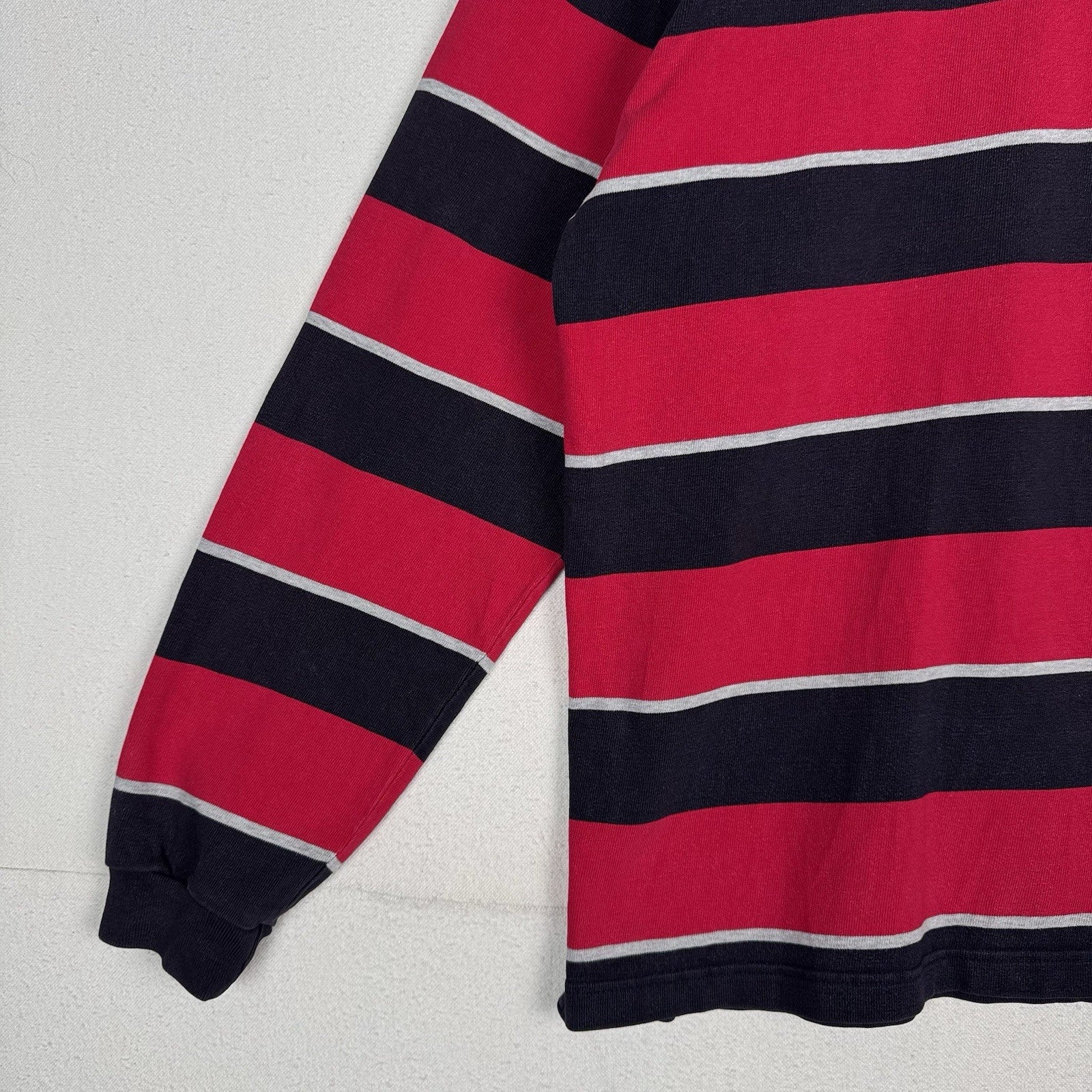 Vintage Lands End Rugby Shirt Mens Large 42-44 Red Blue Gray Striped Polo