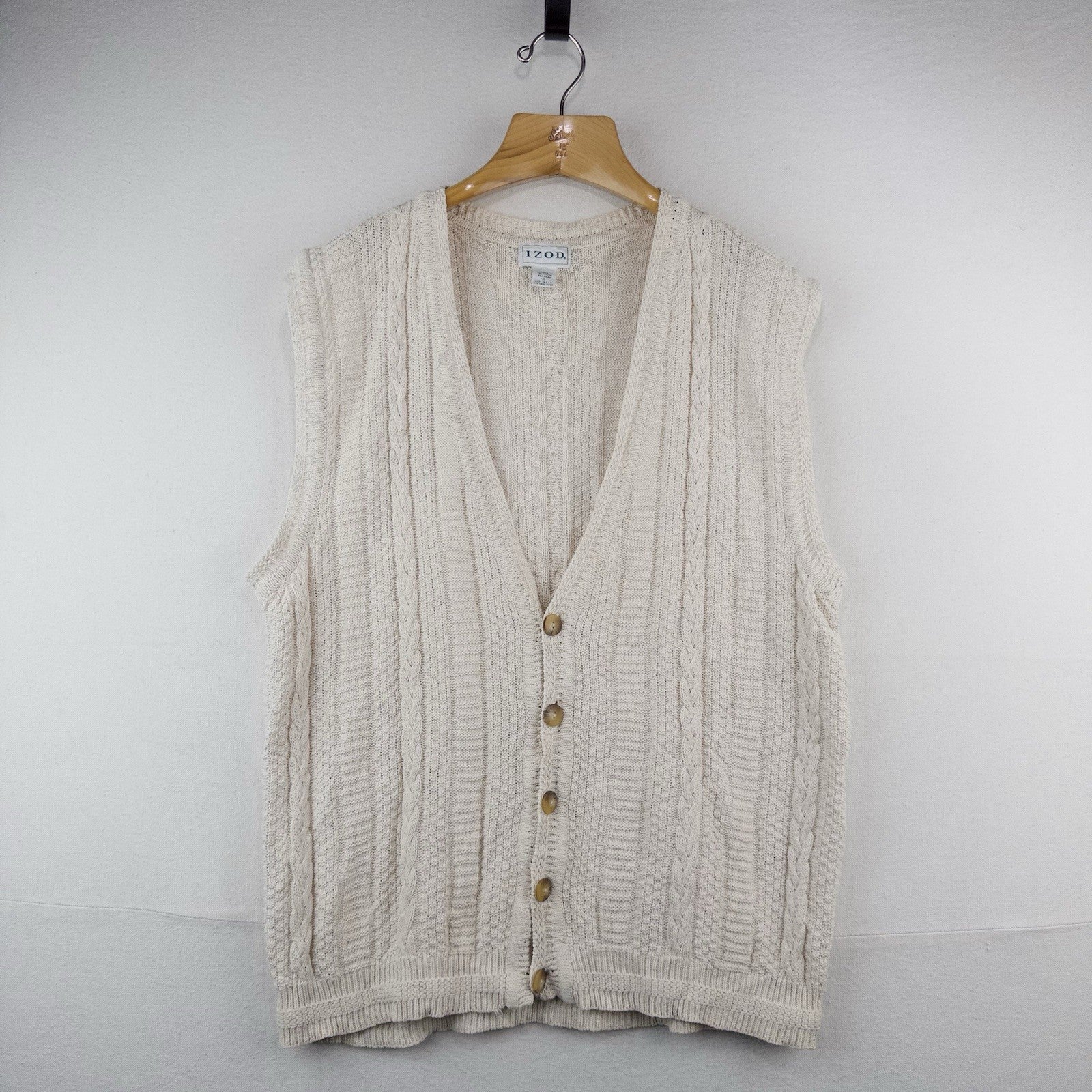 90’s Vtg Izod Cable Knit Vest Men’s XL Beige Fisherman Made In The USA