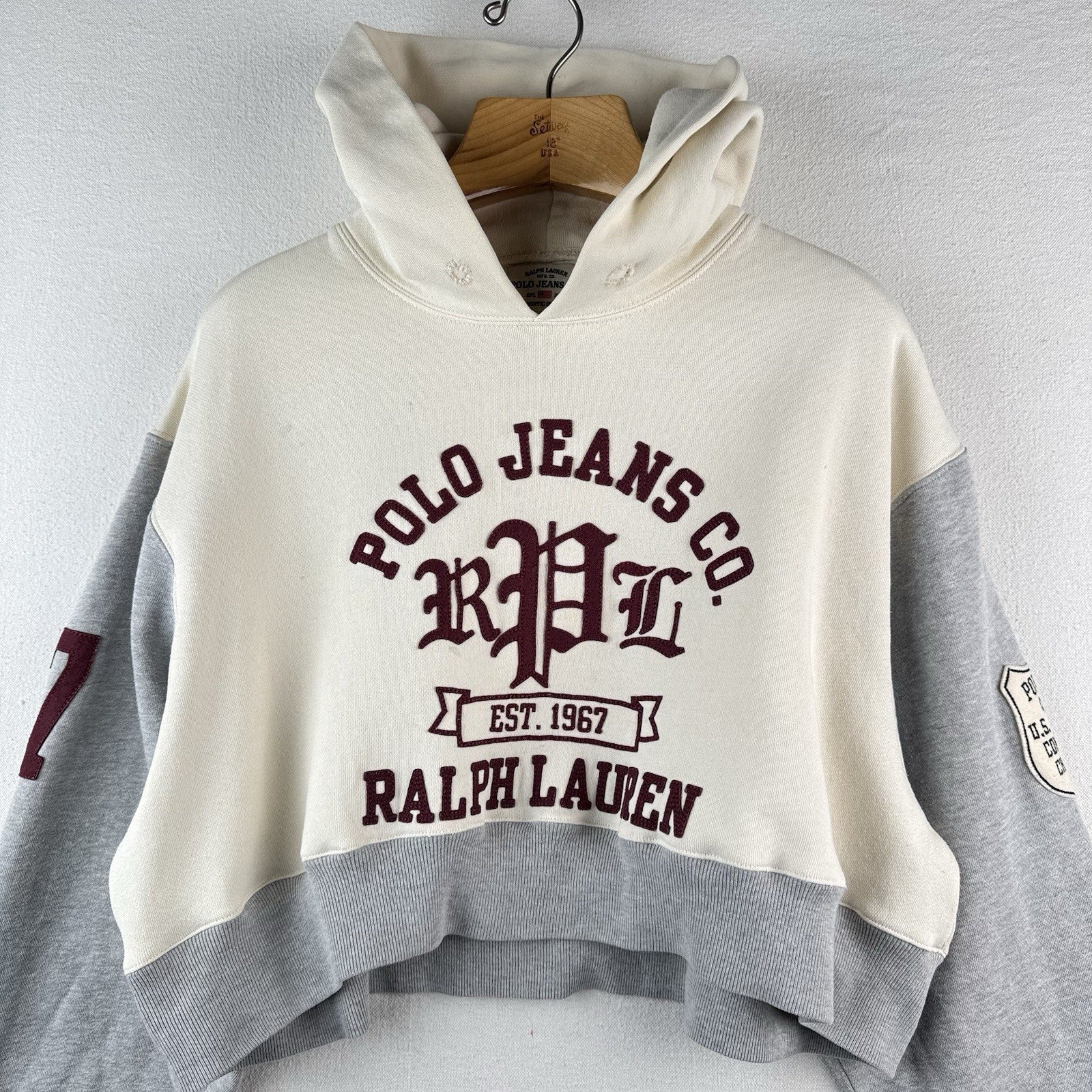 Vtg Polo Jeans Co Ralph Lauren Applique Cream Maroon Men’s Large Cropped to 17”