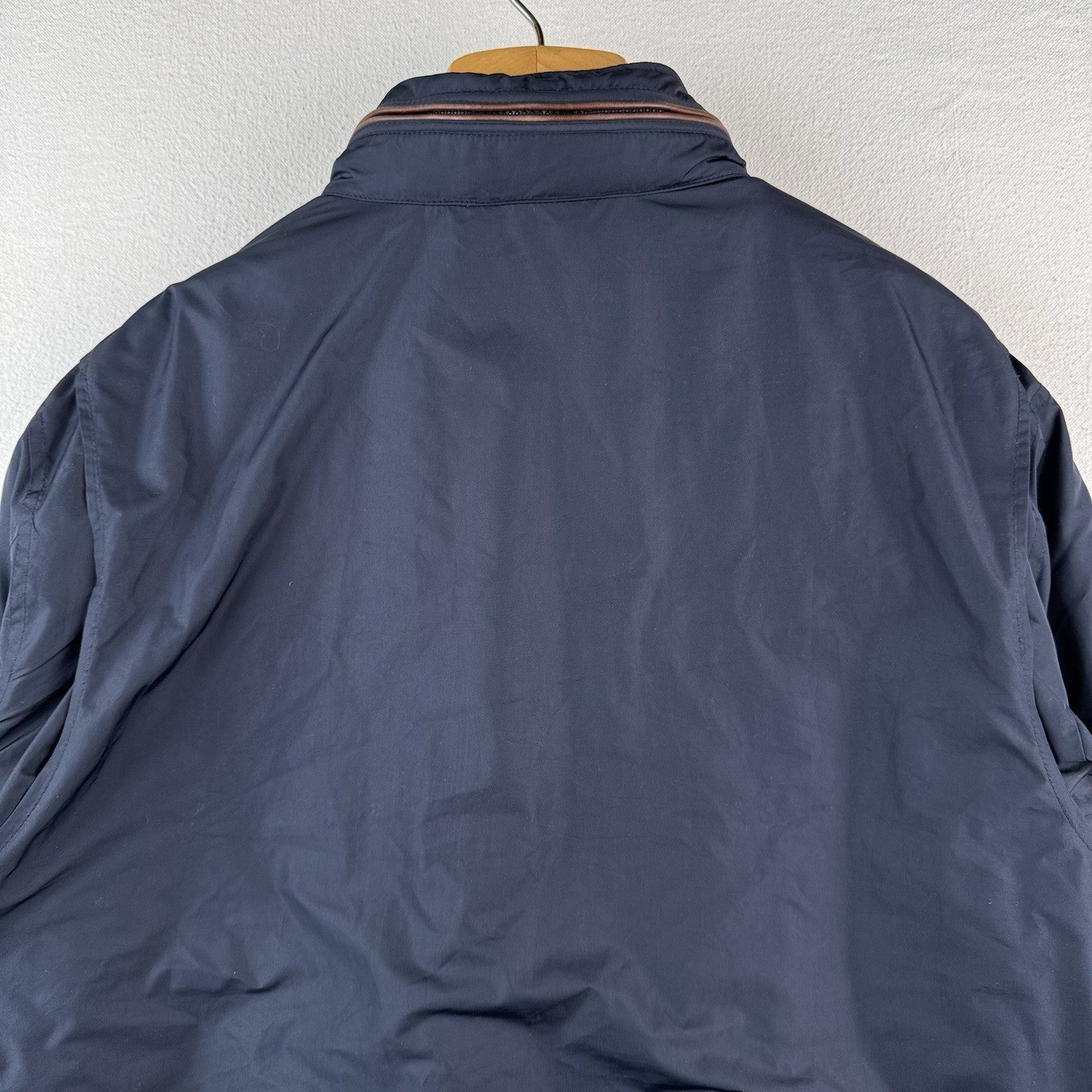 90's Vtg Polo Ralph Lauren Jacket Men XL Navy Leather Trim Lined Stowaway Hood