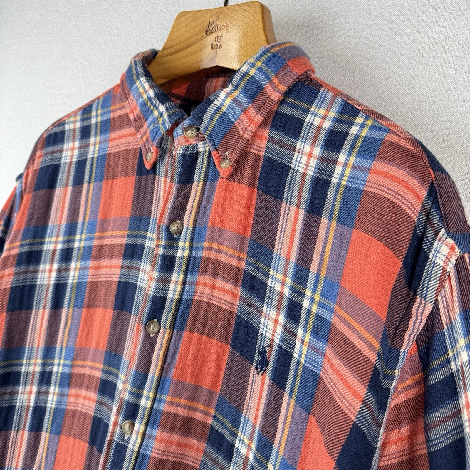 Vtg Polo Ralph Lauren Men's 2XL Plaid Lined Flannel Shirt Orange Double Layer