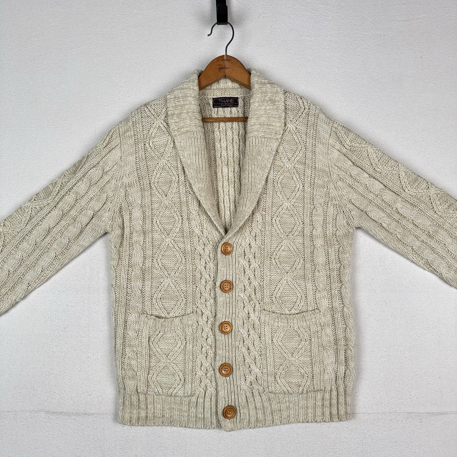 Vintage Thane Men’s Fisherman Cable Knit Cardigan Sweater Acrylic Cream Medium