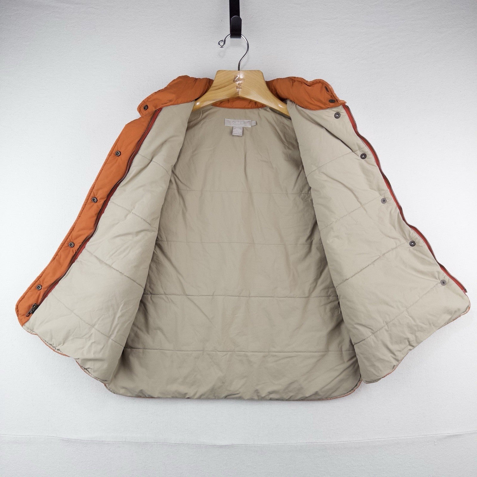 J.Crew Puffer Vest Full Zip Orange Women’s Large Hidden Hood Snaps