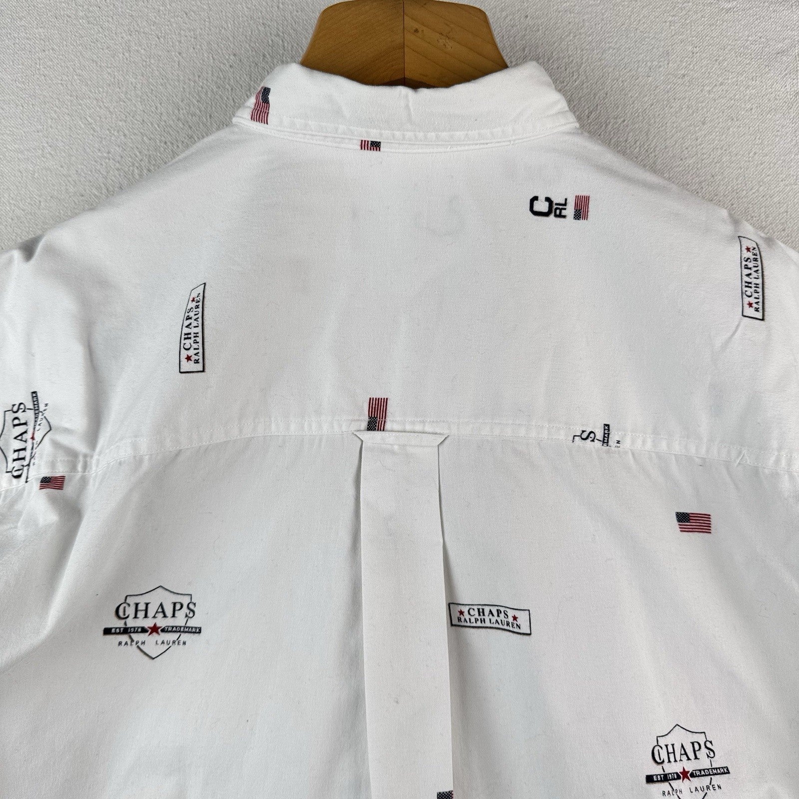 Vintage Ralph Lauren Chaps Mens L White All Over Print Shirt RL Flag