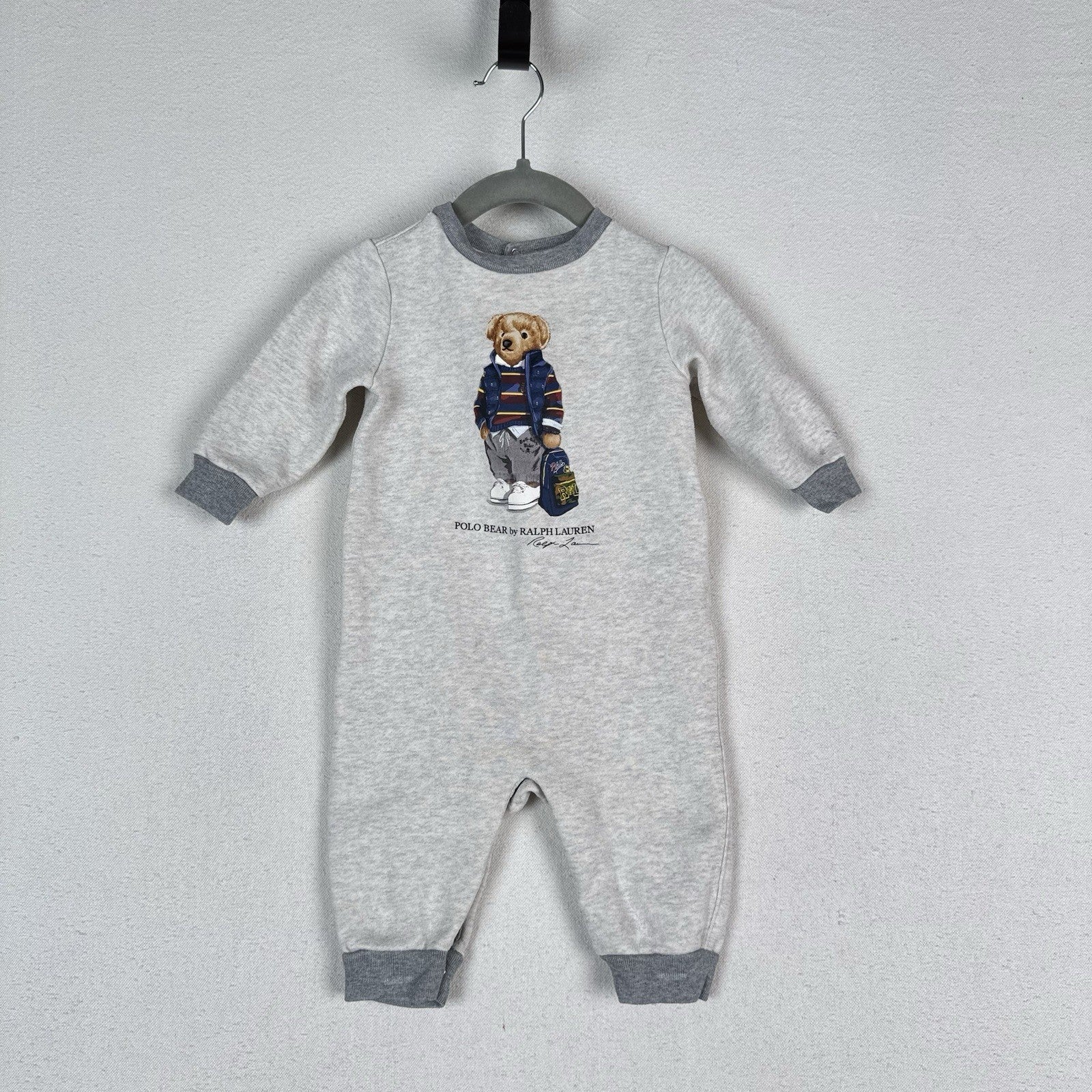 Polo Ralph Lauren Backpack Bear Long Sleeve Gray One Piece Baby Romper 6 Months