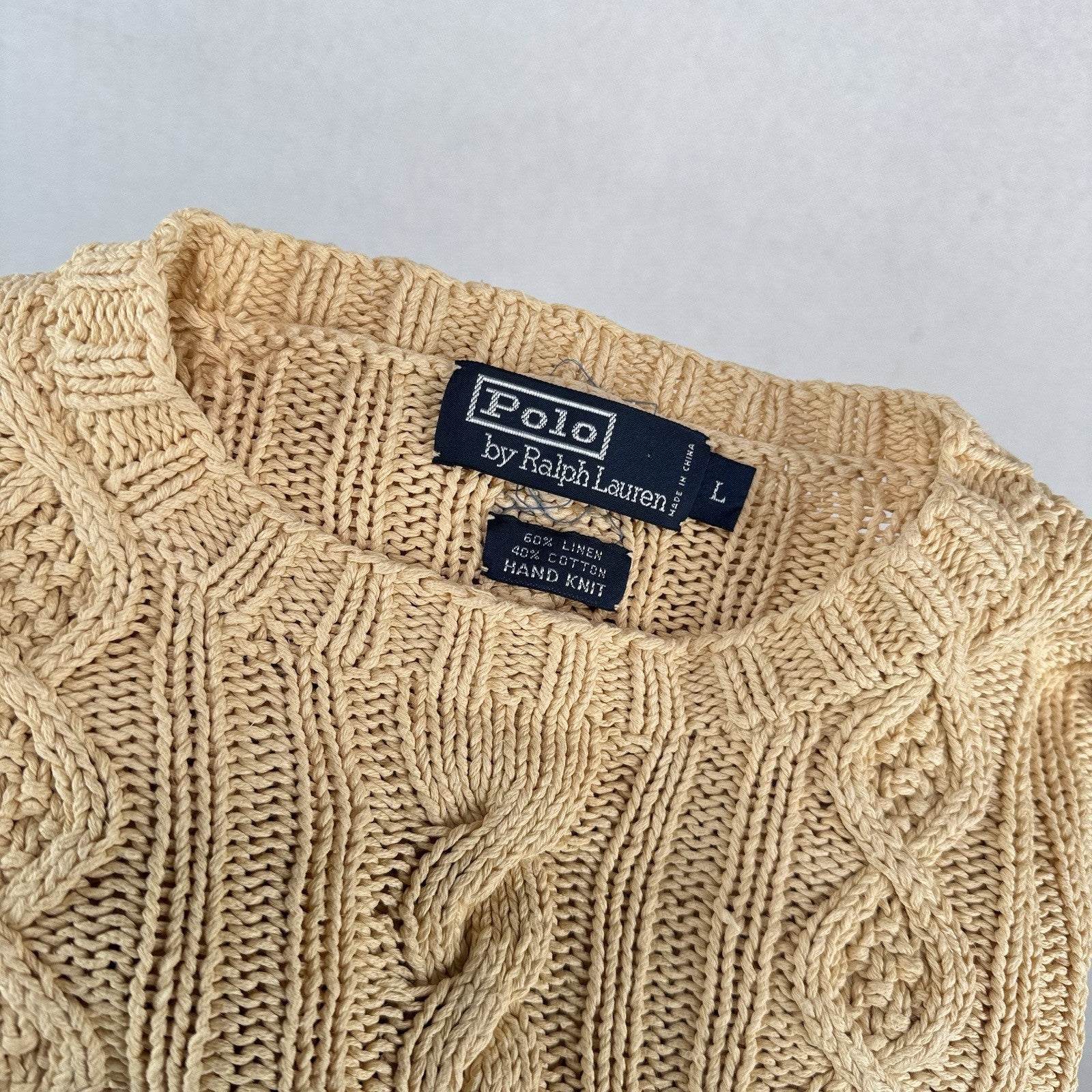 90’s Vtg Polo Ralph Lauren Mens L  Hand Knit Fisherman Cable Sweater Linen Blend