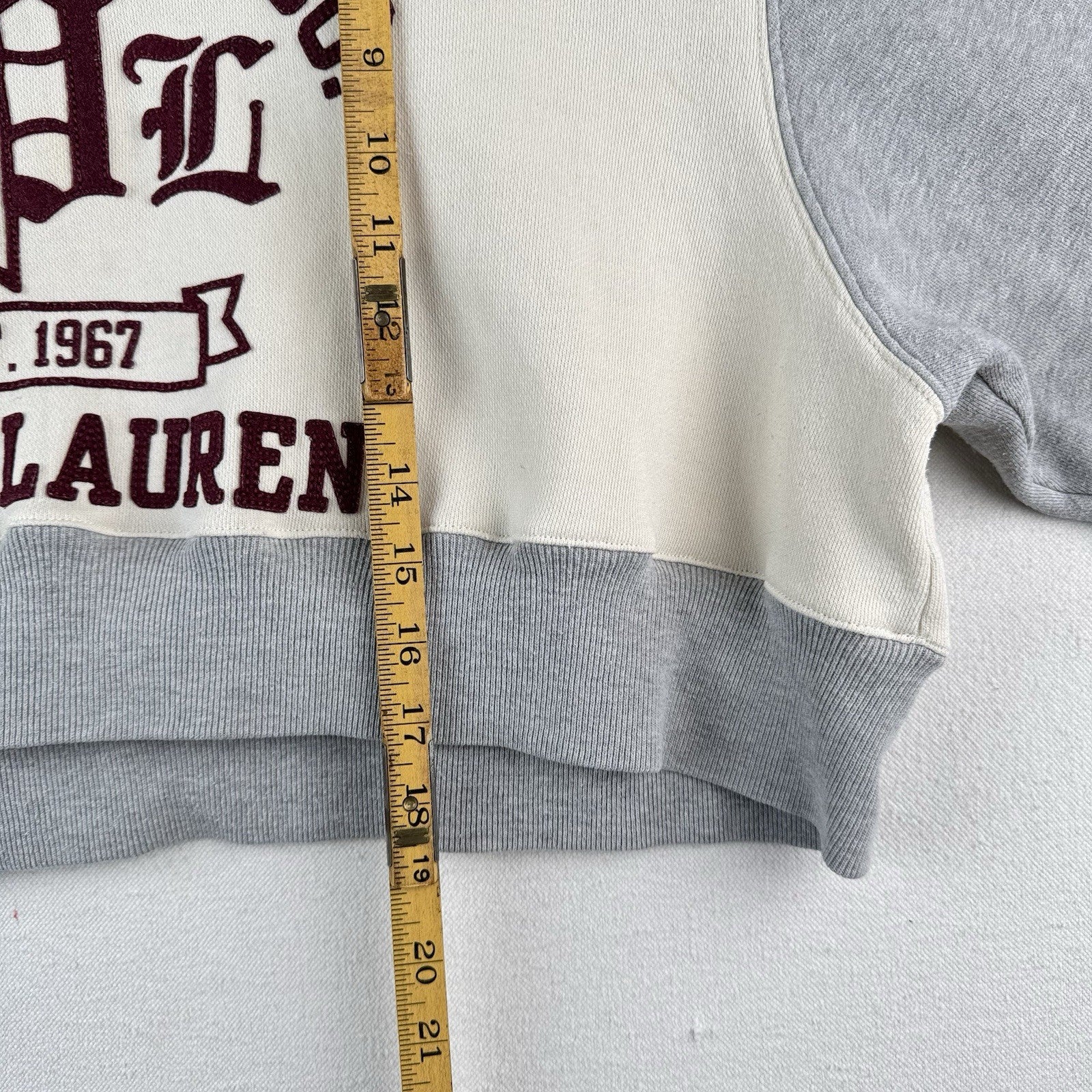 Vtg Polo Jeans Co Ralph Lauren Applique Cream Maroon Men’s Large Cropped to 17”