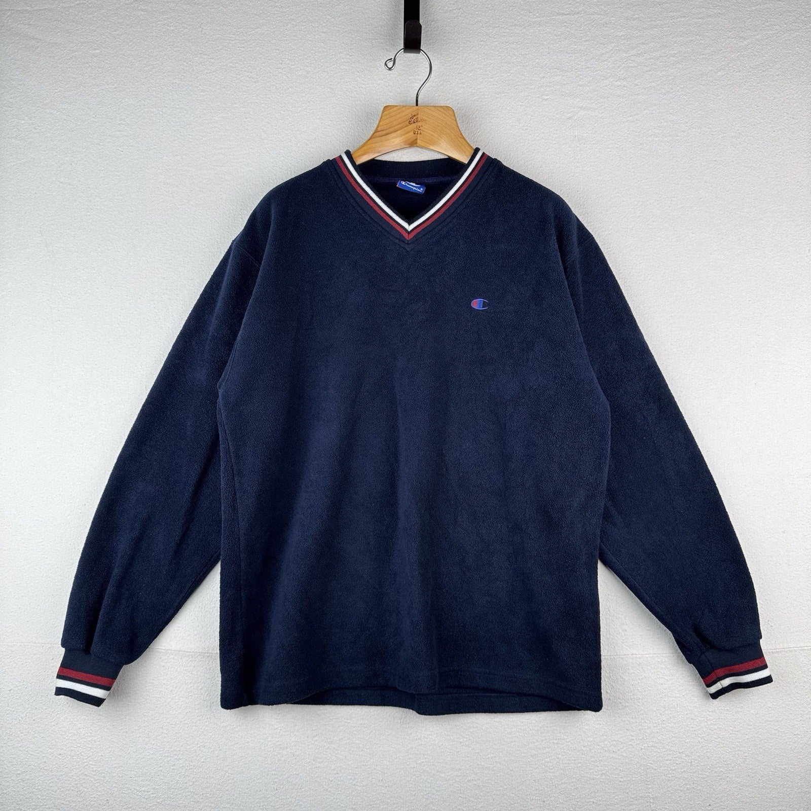 90’s Vtg Champion V-neck Fleece Sweatshirt Pullover Men’s Large Blue