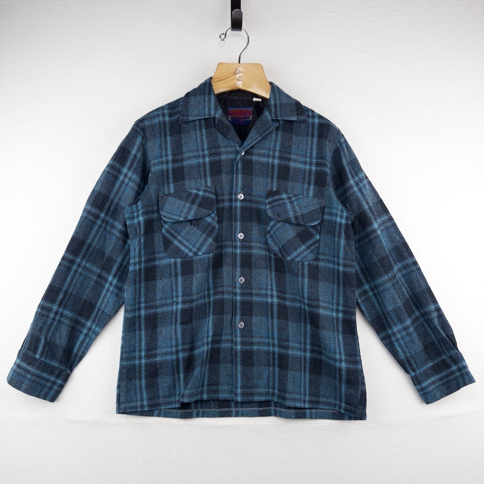 50’s Vtg Ponderosa Virgin Wool Blend Flap Pocket Blue Plaid Flannel Work Shirt