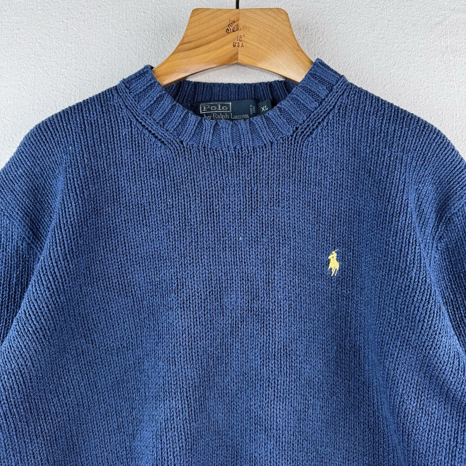 90’s Vintage Polo Ralph Lauren Sweater Men XL Blue Chunky Knit Crew Yellow Pony