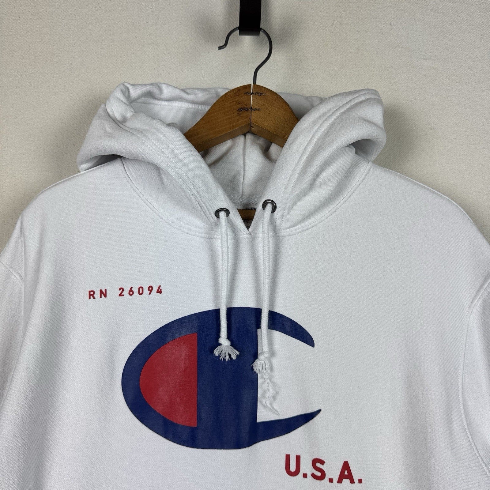 Vintage Champion USA Reverse Weave White RWSS Hoodie Sweatshirt Adult Size L