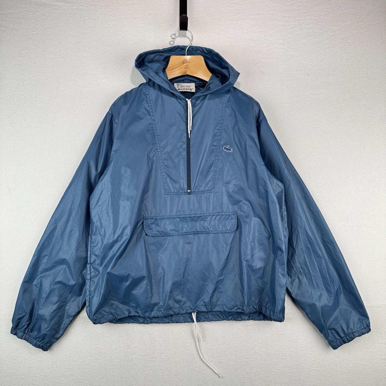 70’s Vtg Lacoste Izod Packable Windbreaker Men's L Kangaroo Pouch 1/4 Zip Blue