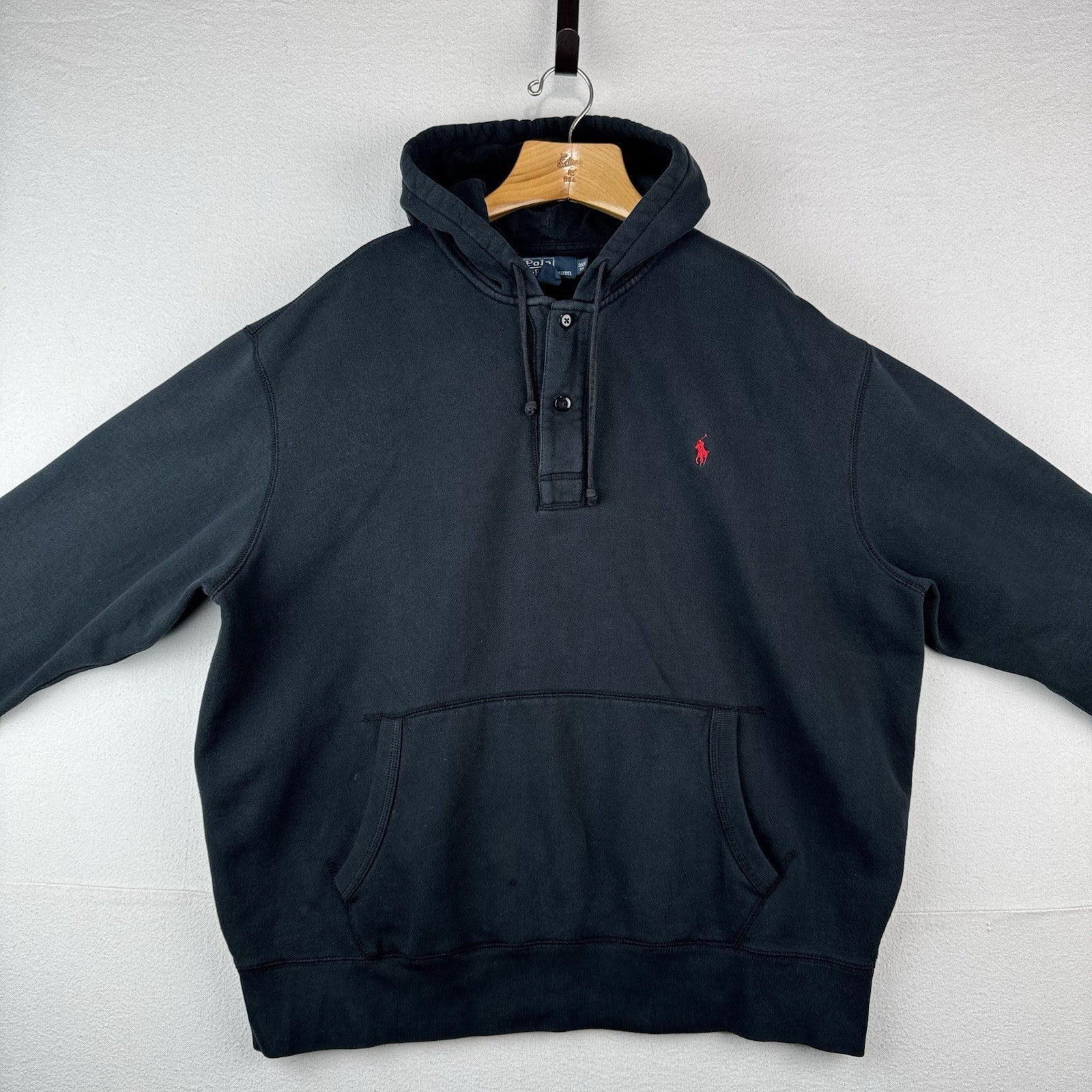 Vintage Polo Ralph Lauren Black Hoodie Men’s 3XB Pullover 2-Button Sweatshirt