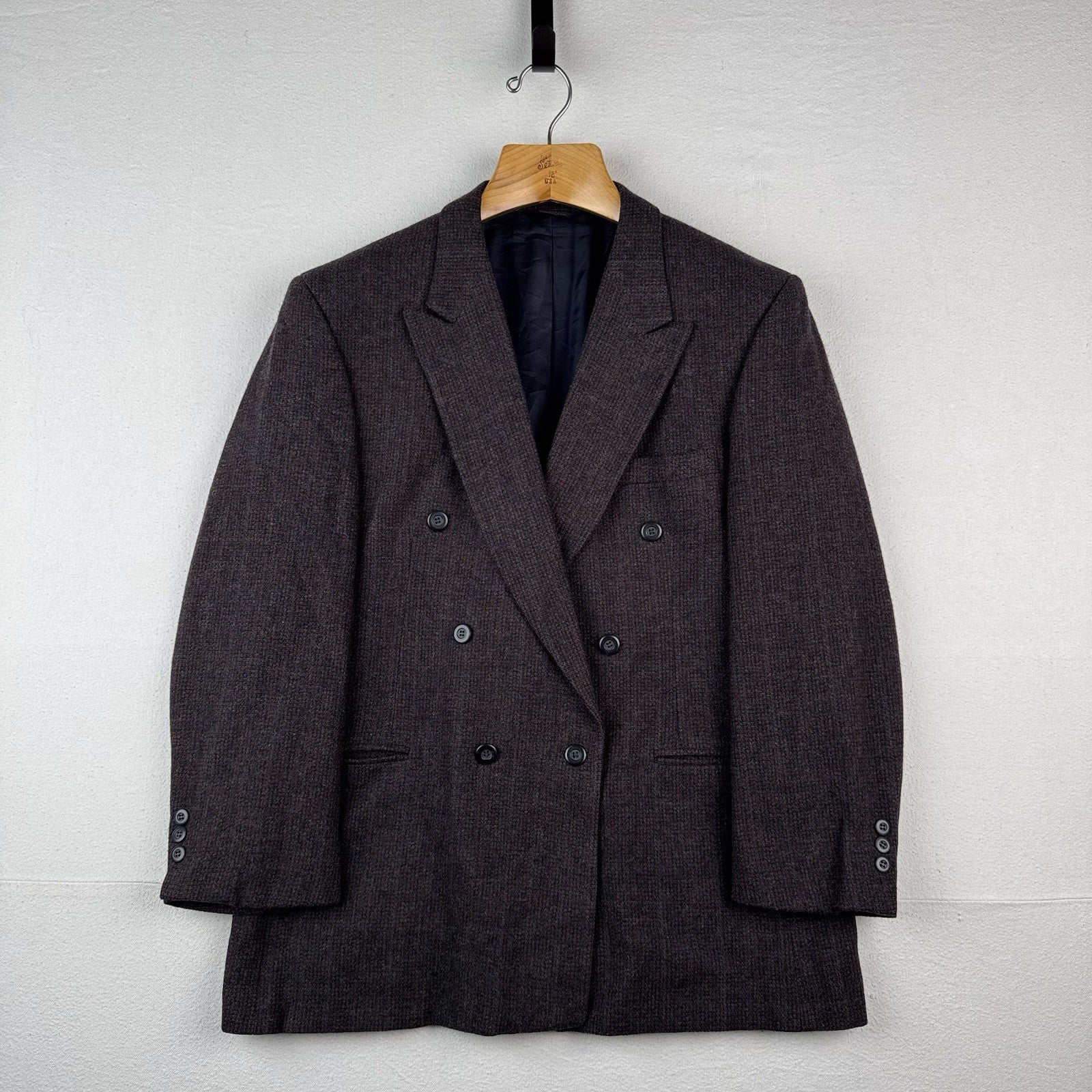 Vintage Kuppenheimer 42R Relaxed Brown Blue Tweed Double Breasted Wool USA