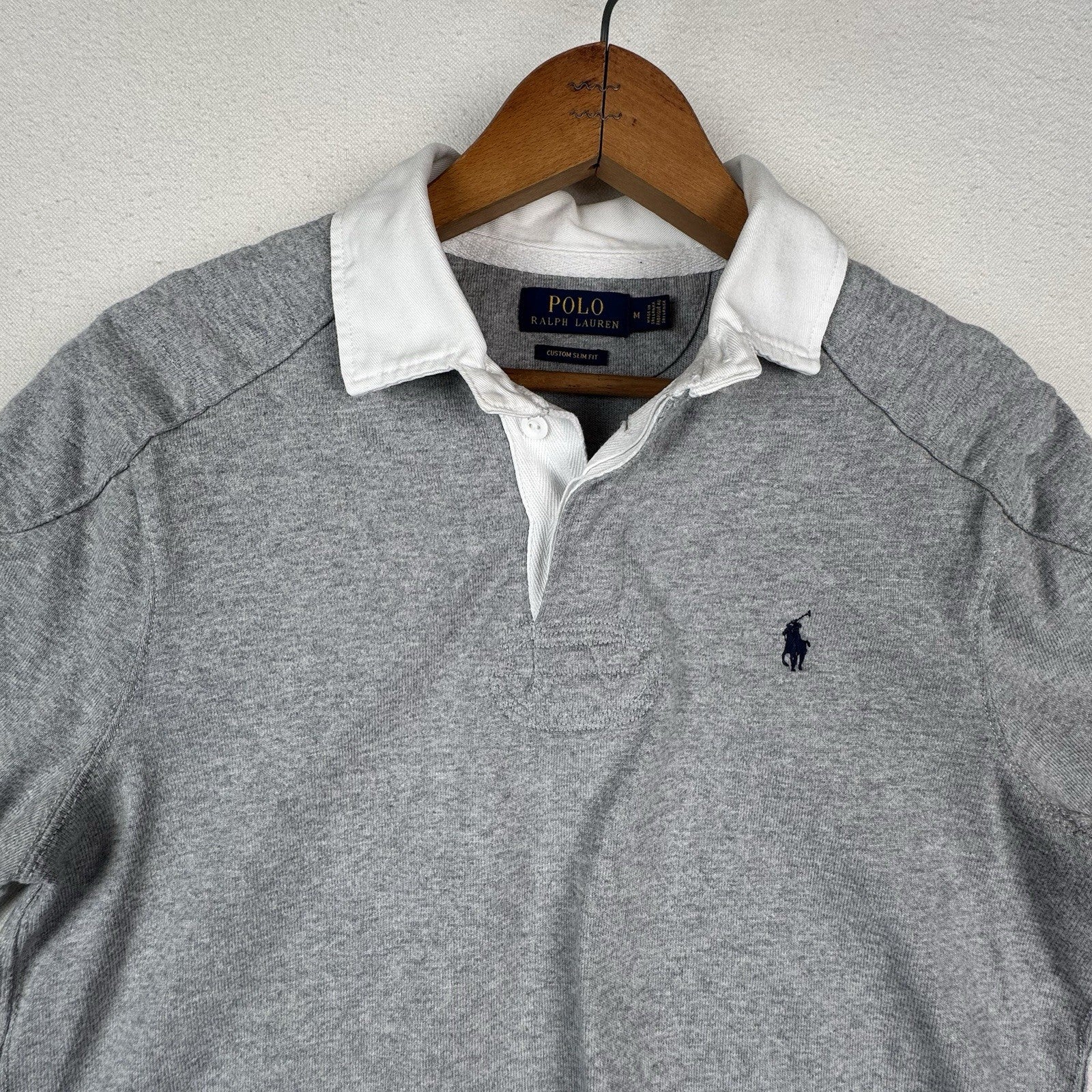 Polo Ralph Lauren Rugby Shirt Men’s Medium Gray LS Elbow Patch Cropped 17”