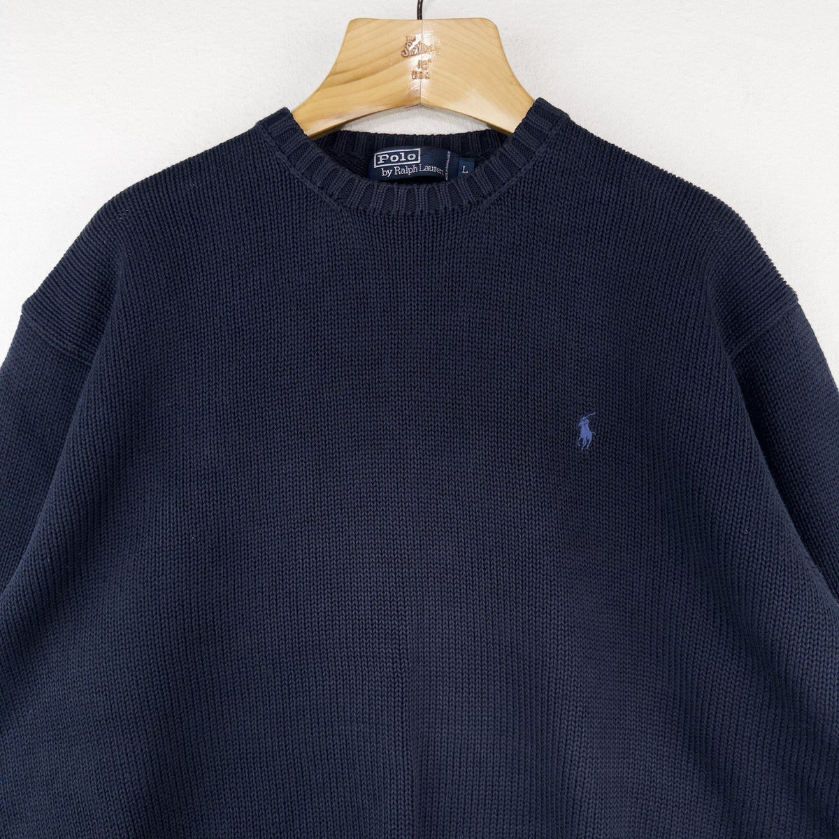 90's Vintage Polo Ralph Lauren Sweater Men's L Navy Blue Knit Crewneck Red Pony