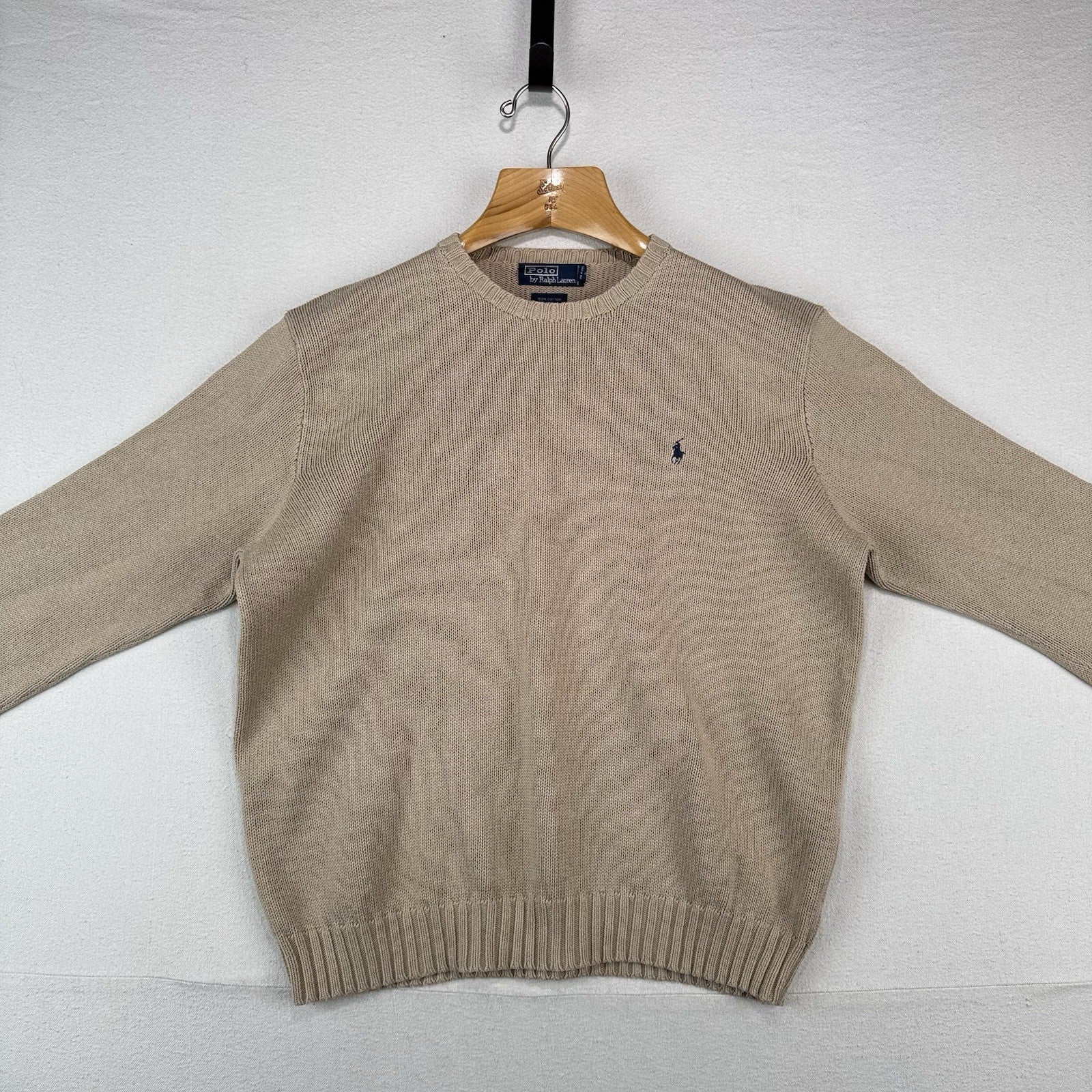 90’s Vintage Polo Ralph Lauren Men’s L Tan Camel Brown Knit Sweater 100% Cotton