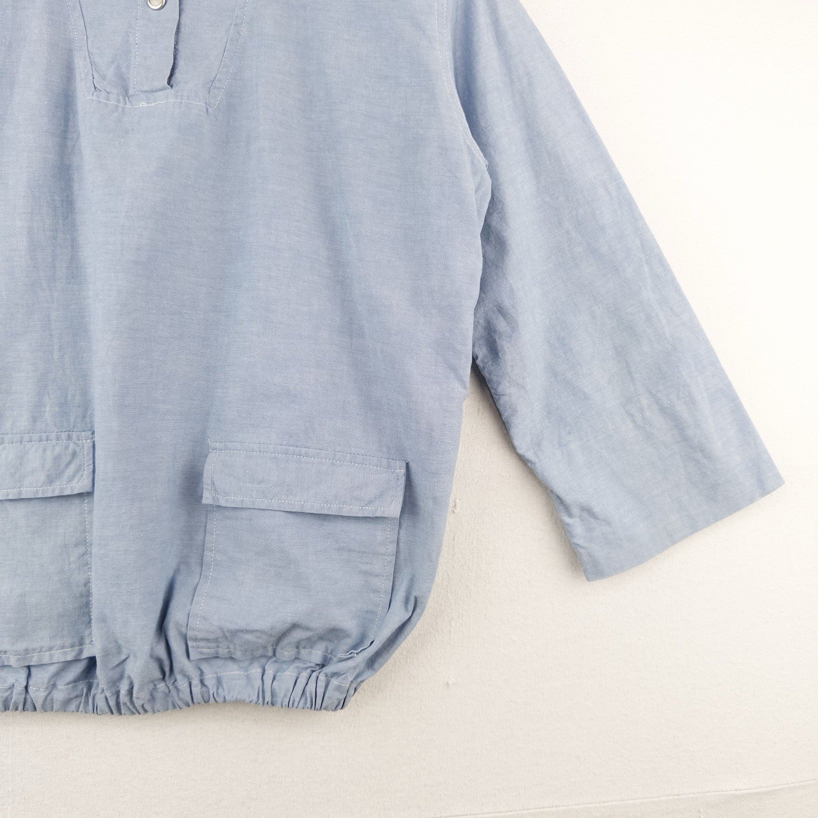 50's Vtg Chambray Patch Pocket Hooded Smock Jacket S Single Stitch Pearl Snap