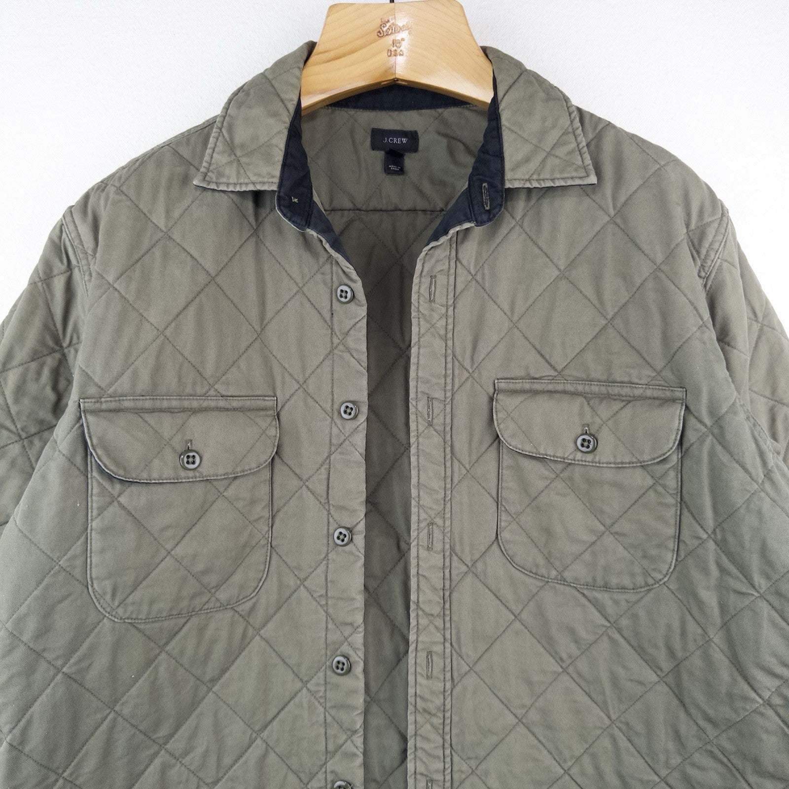 J.Crew Quilted Padded Men’s L Jacket Diamond Weave Green Cotton Insulated *Read