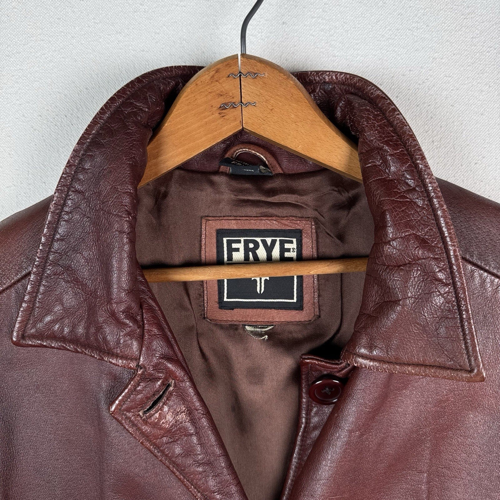 Vintage 90s Frye Leather Womens Large Jacket Coat Rust Brown Maroon Button Front