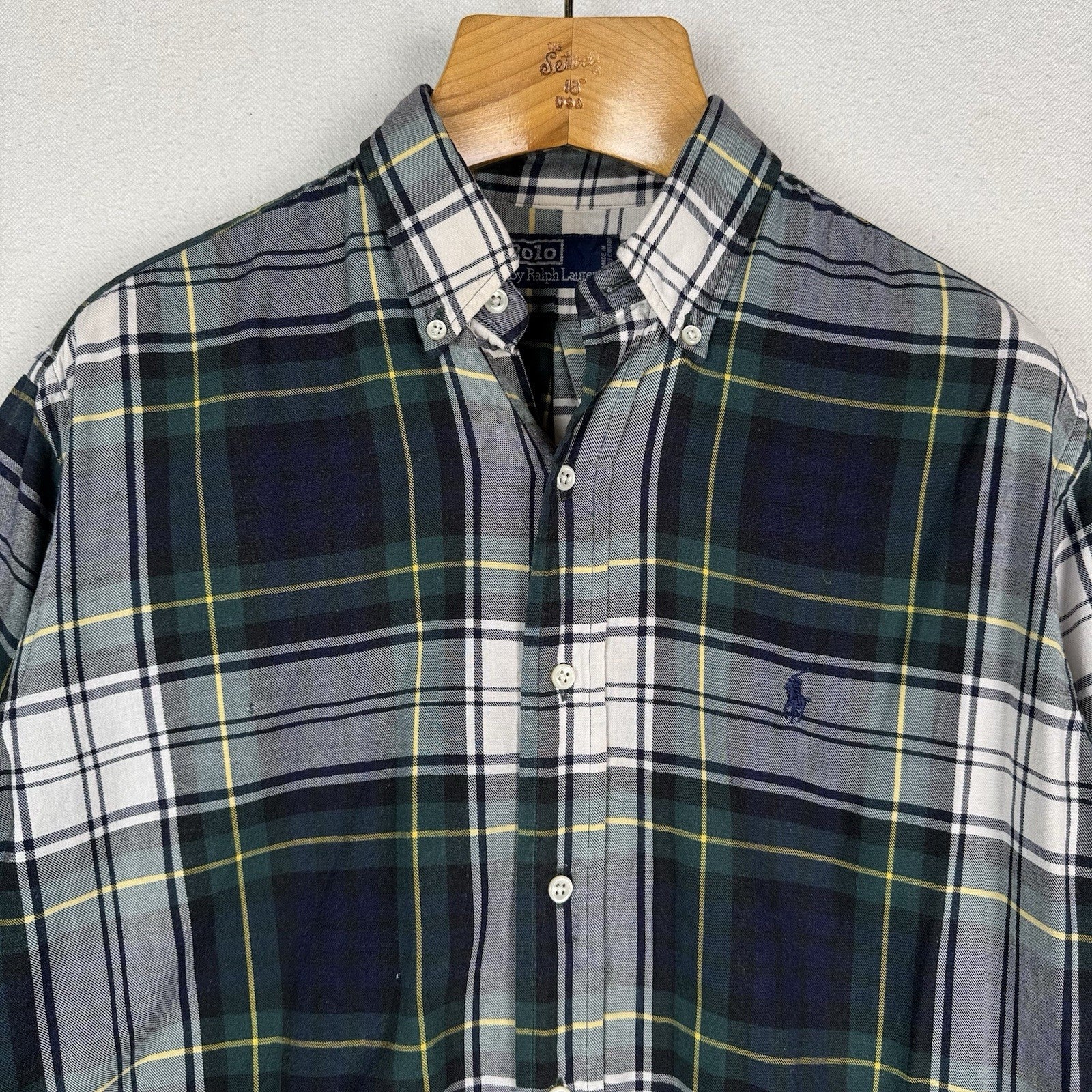 Ralph Lauren Button-Down Shirt Men Large Green Blue Oxford Long Sleeve Cotton