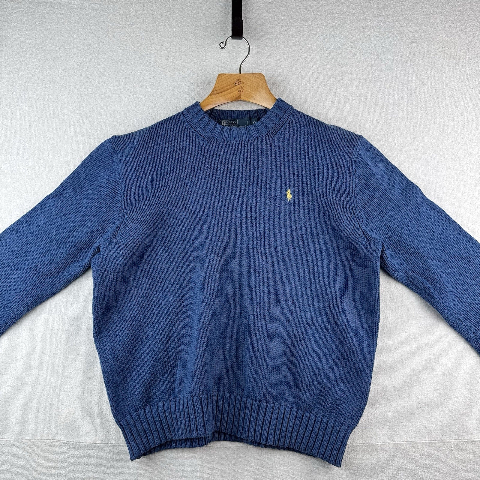90’s Vintage Polo Ralph Lauren Sweater Men XL Blue Chunky Knit Crew Yellow Pony