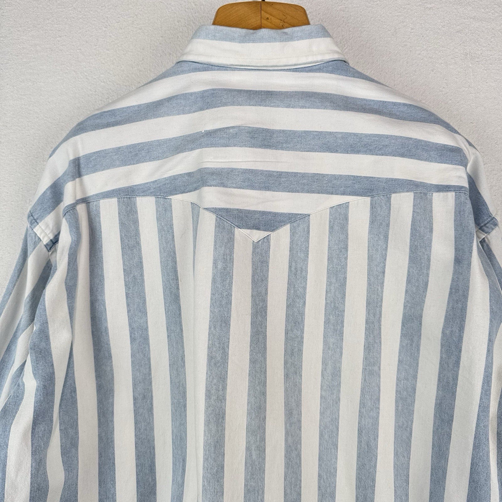 Vtg Ruddock Bros Western Denim Shirt Blue White Stripe Mens 2XL Made USA *Faded
