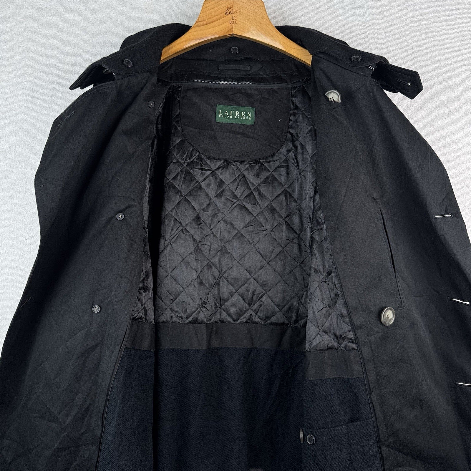 Ralph Lauren Black Trench Coat OverCoat Quilted Cotton Blend Lined Insulated 48R
