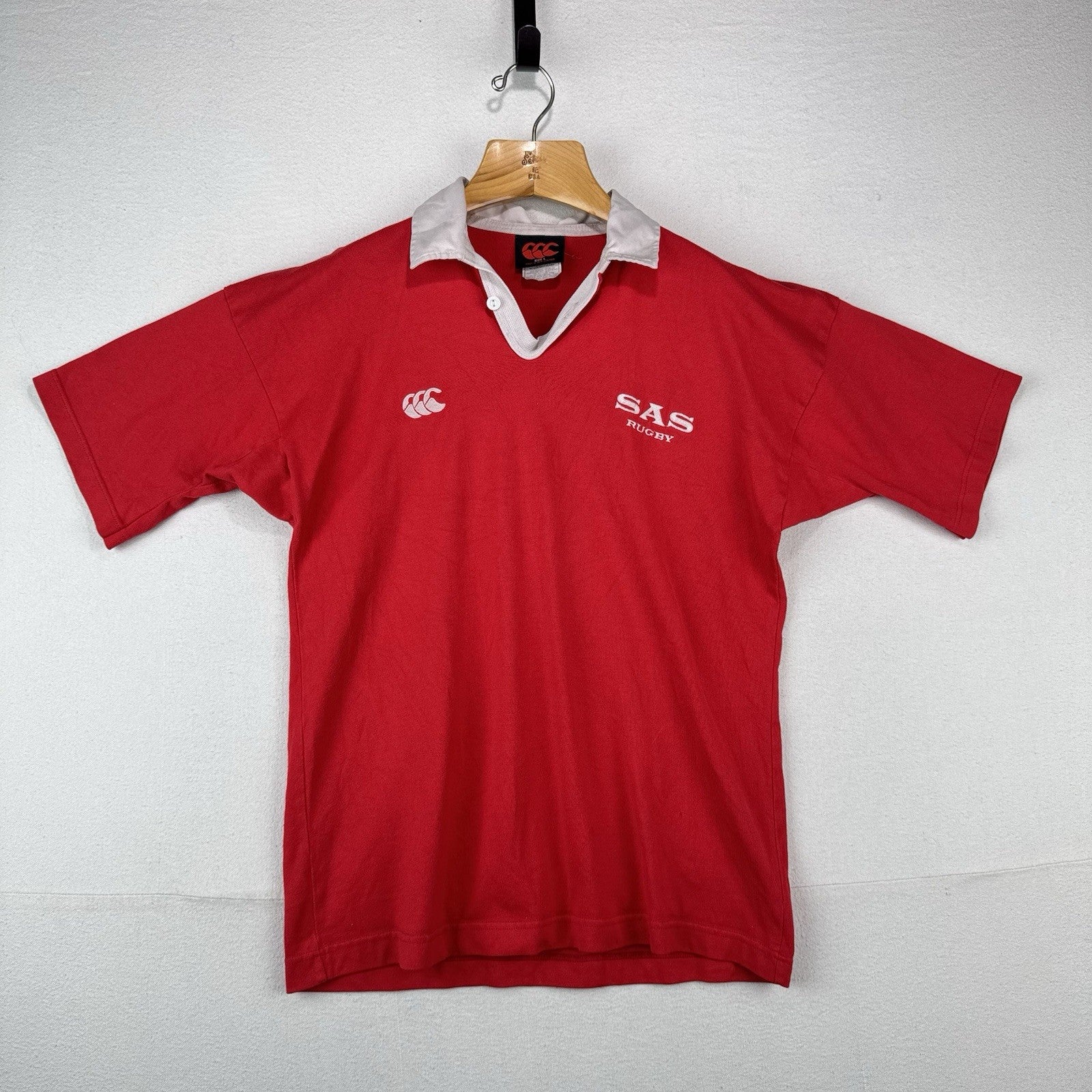 80’s Vtg Canterbury South Africa SAS Rugby Polo Shirt Red White Collar #25 Men L