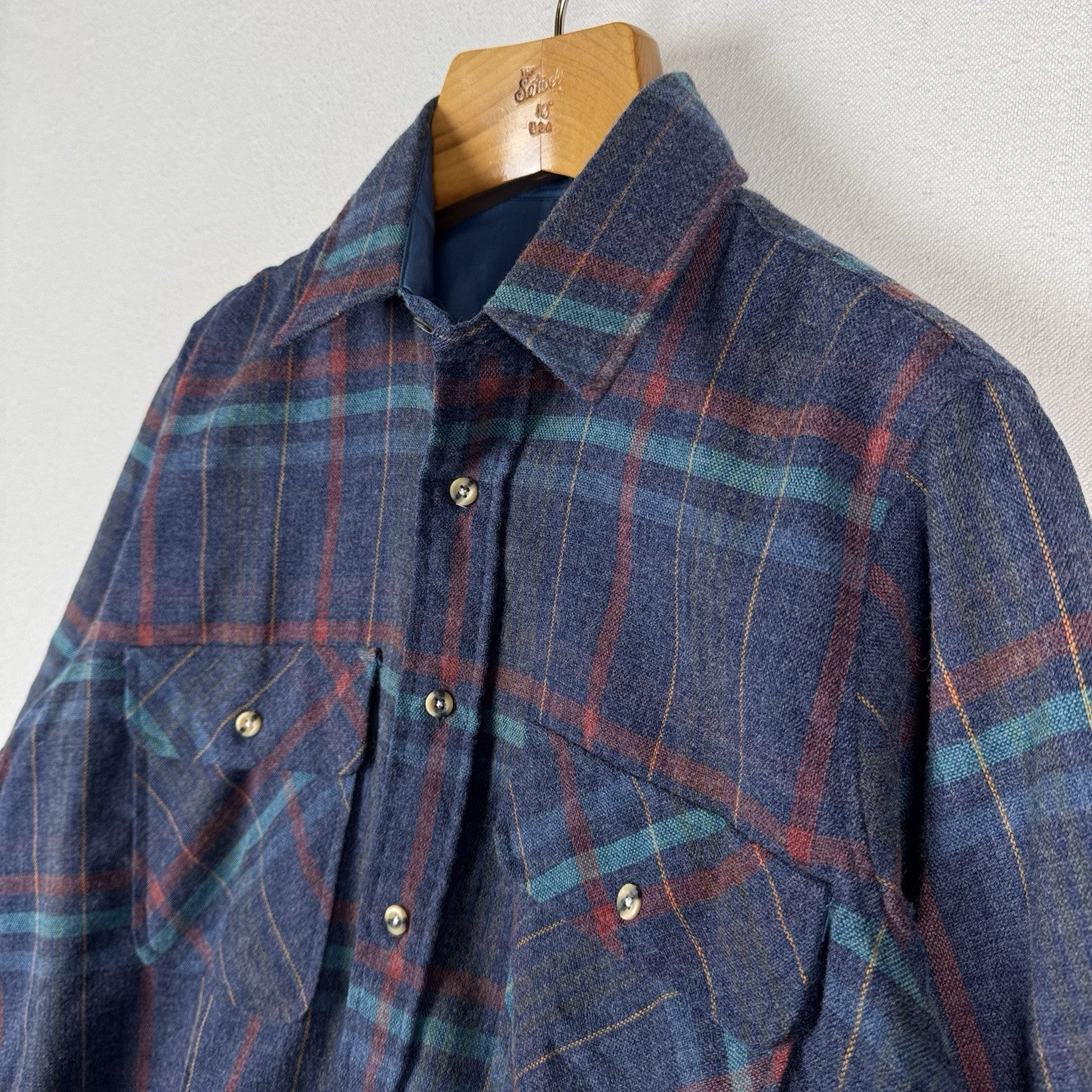 Vtg Sears Roebuck Wool Flannel Shirt Men’s Medium Blue Plaid Single Needle Korea