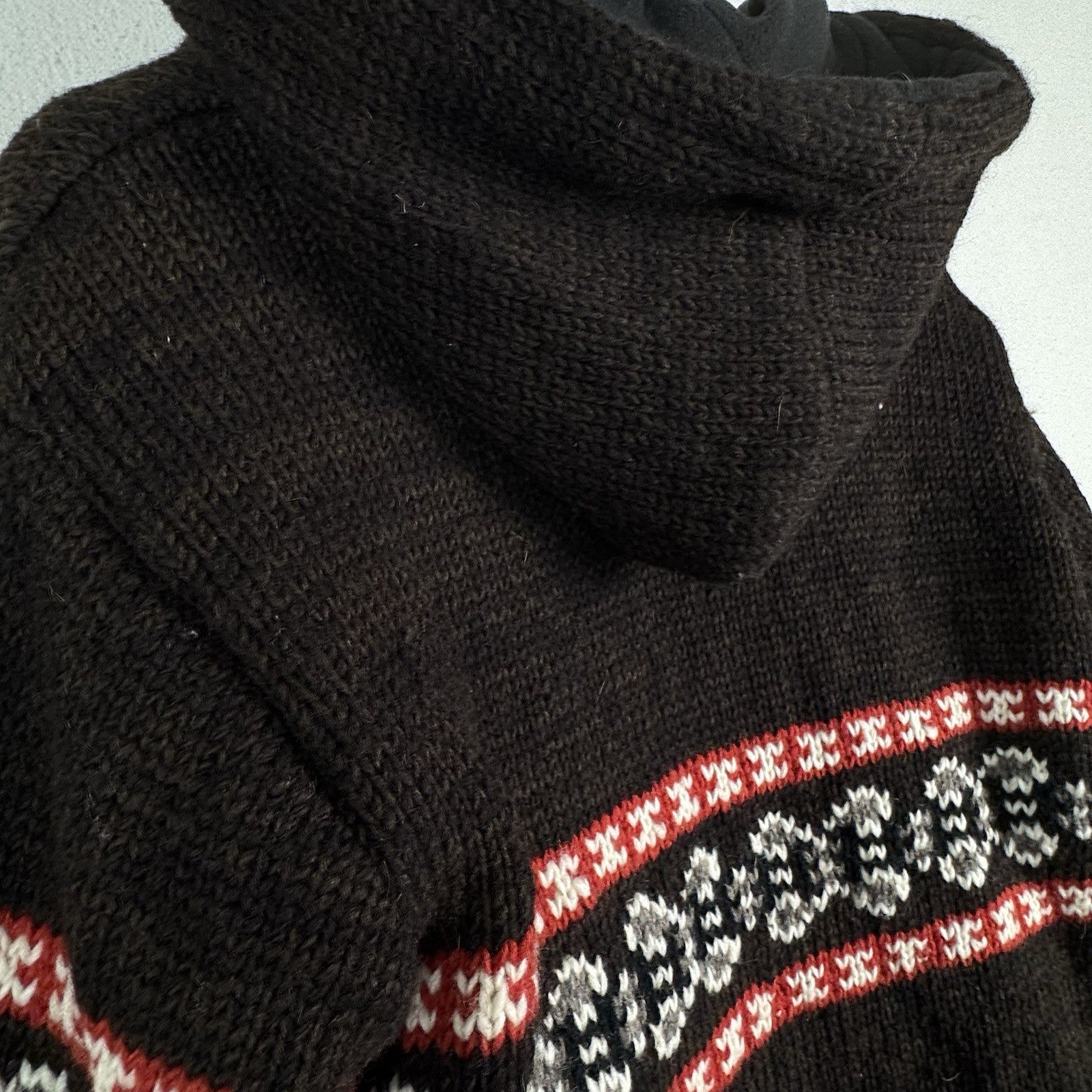 Nepal 100% Wool Jacket Detachable Hood Brown Red Full Zip Flannel Lined Sz L USA